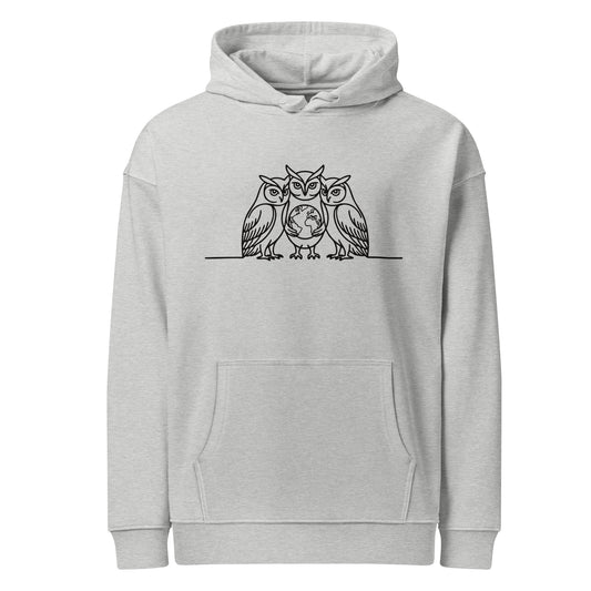 Unisex Organic Relaxed Hoodie – Timeless Owl Graphic | Sustainable Fashion Heather Grey Dudeily