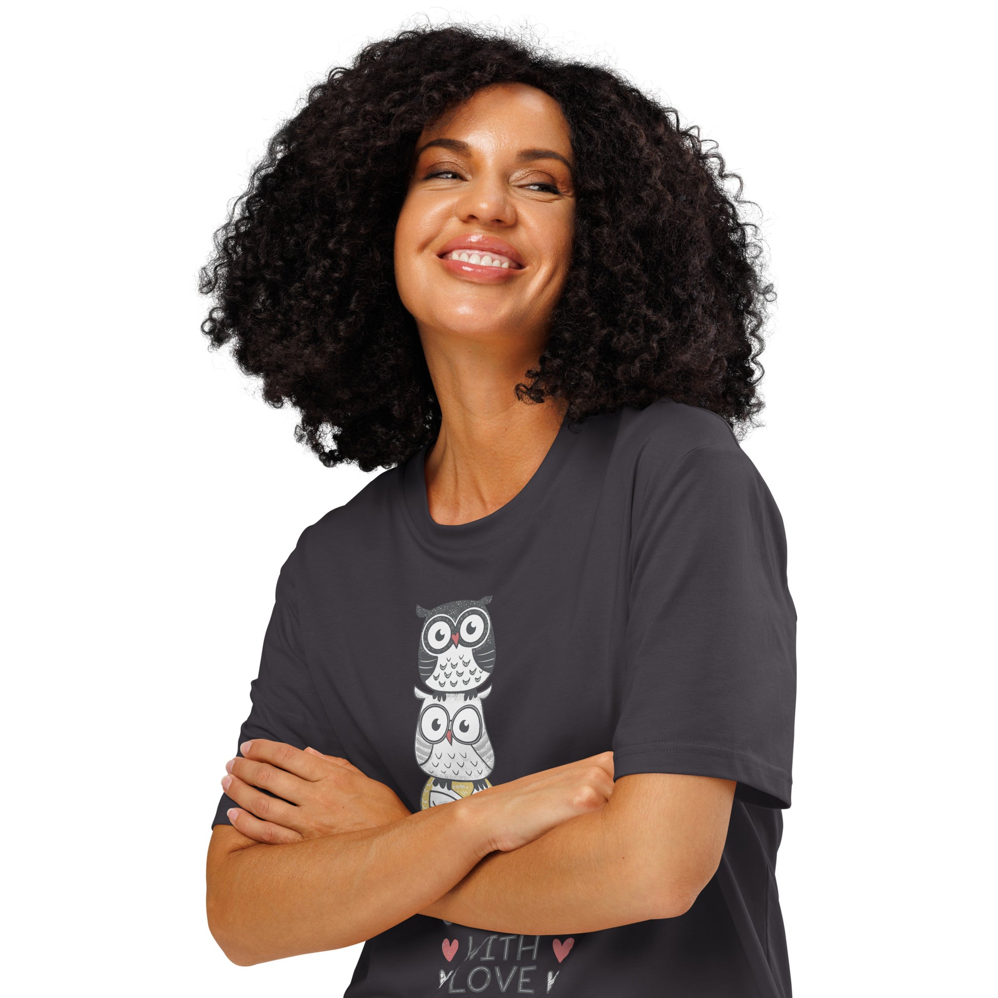 Unisex Organic Ribbed Neck T-Shirt: Stacked with Love | Owl-Themed Sustainable Fashion USA by Dudeily Dudeily