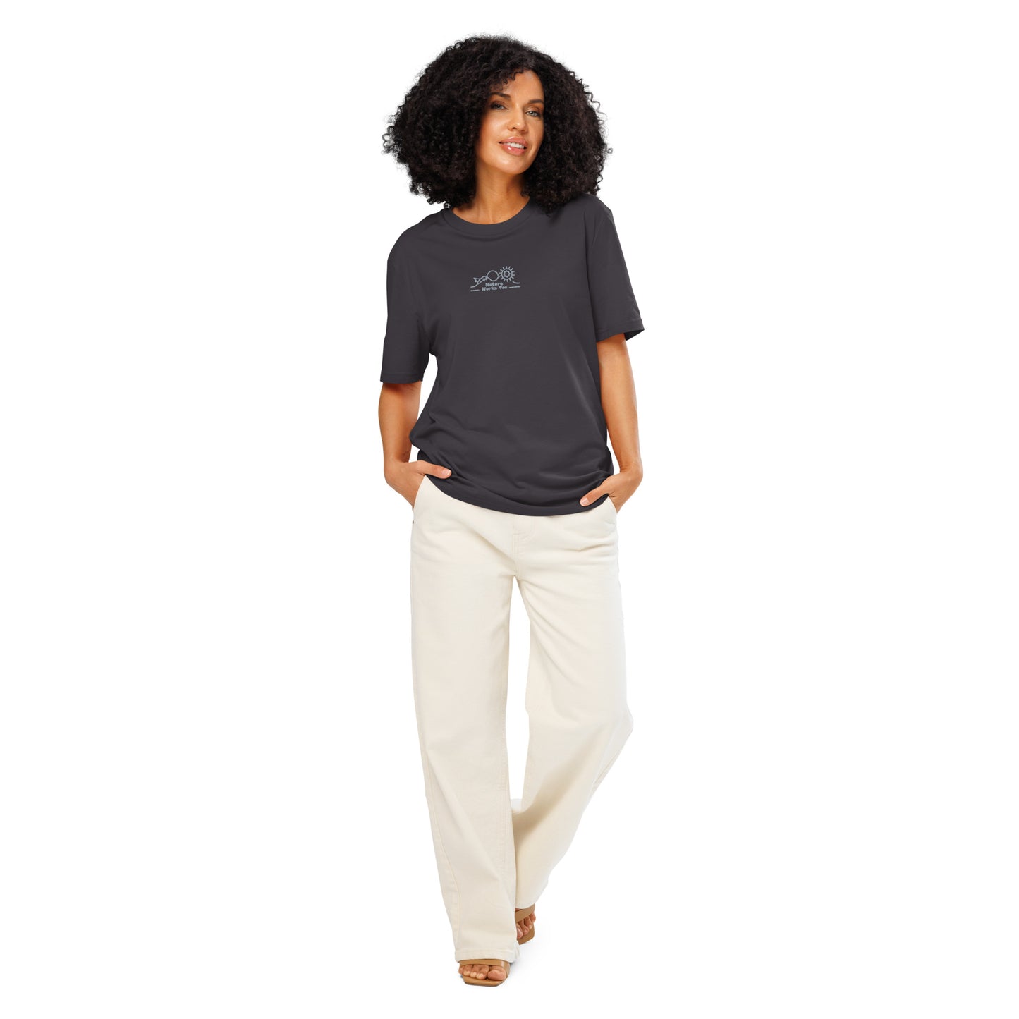 Unisex Organic Ribbed Neck T-Shirt: Nature Works Too | Owl Embroidered Sustainable Fashion USA Anthracite Dudeily