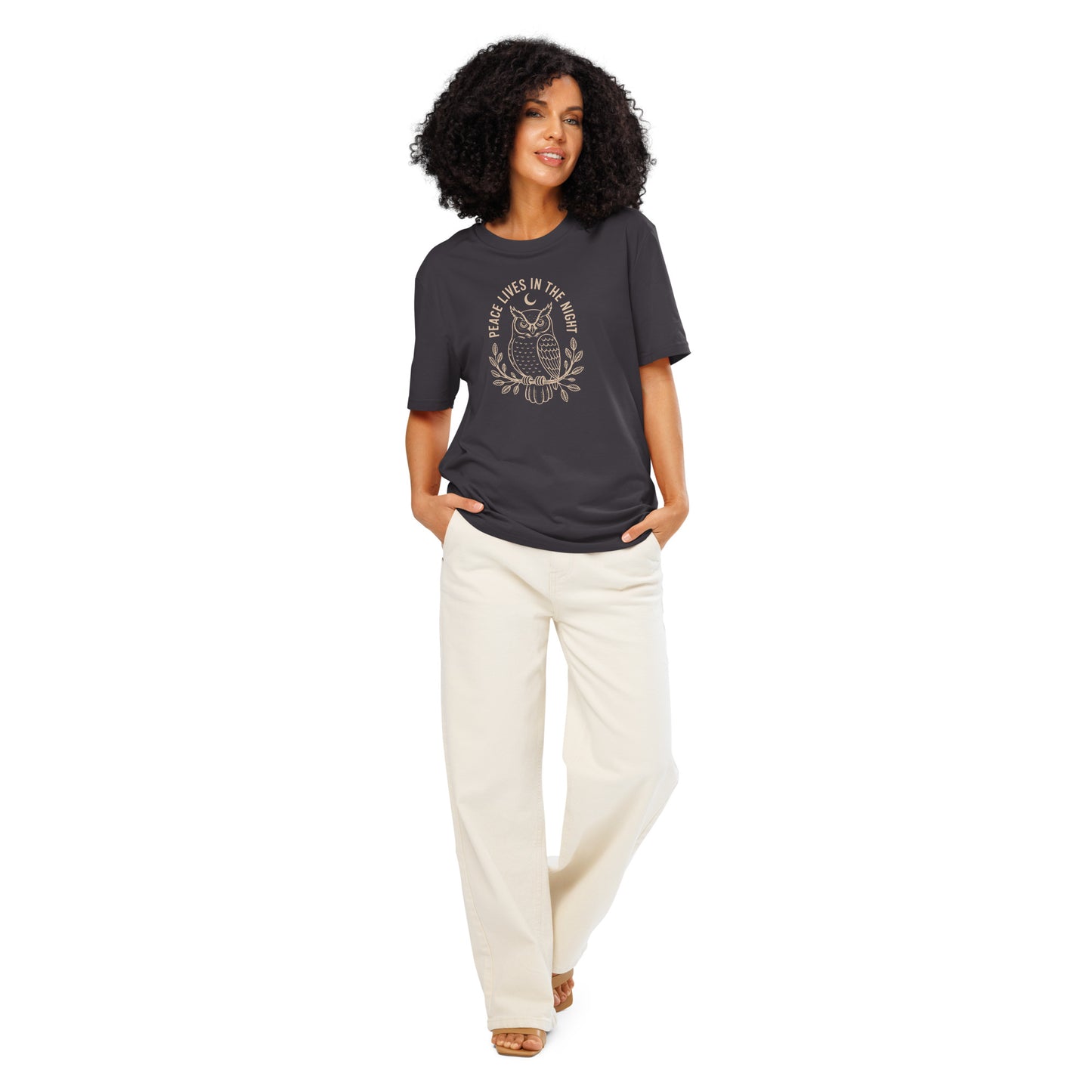 Unisex Organic Ribbed Neck T-Shirt: 'Peace in the Night' | Sustainable Owl Fashion USA Anthracite Dudeily