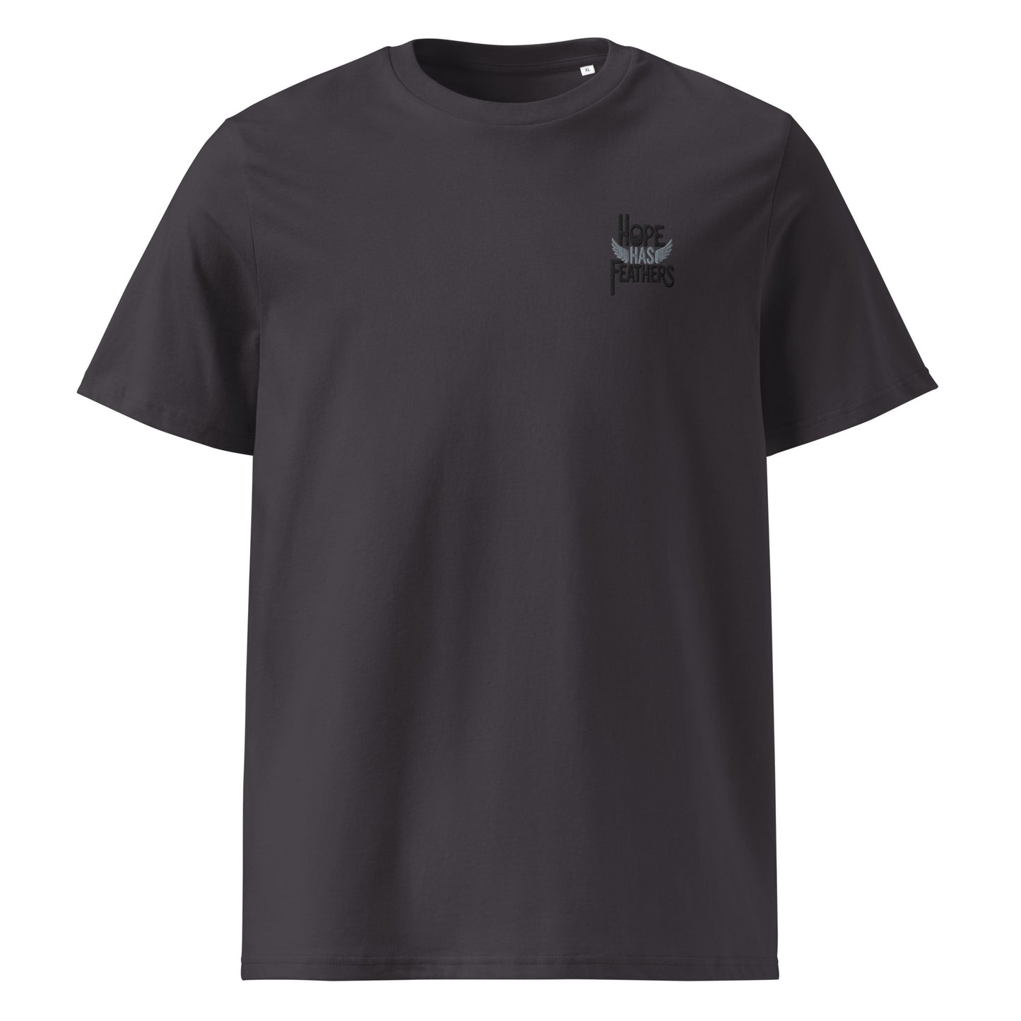 Eco-Friendly Owl Clothing Embroidered Unisex Organic Ribbed Neck T-Shirt "Hope Has Feathers" Anthracite Dudeily