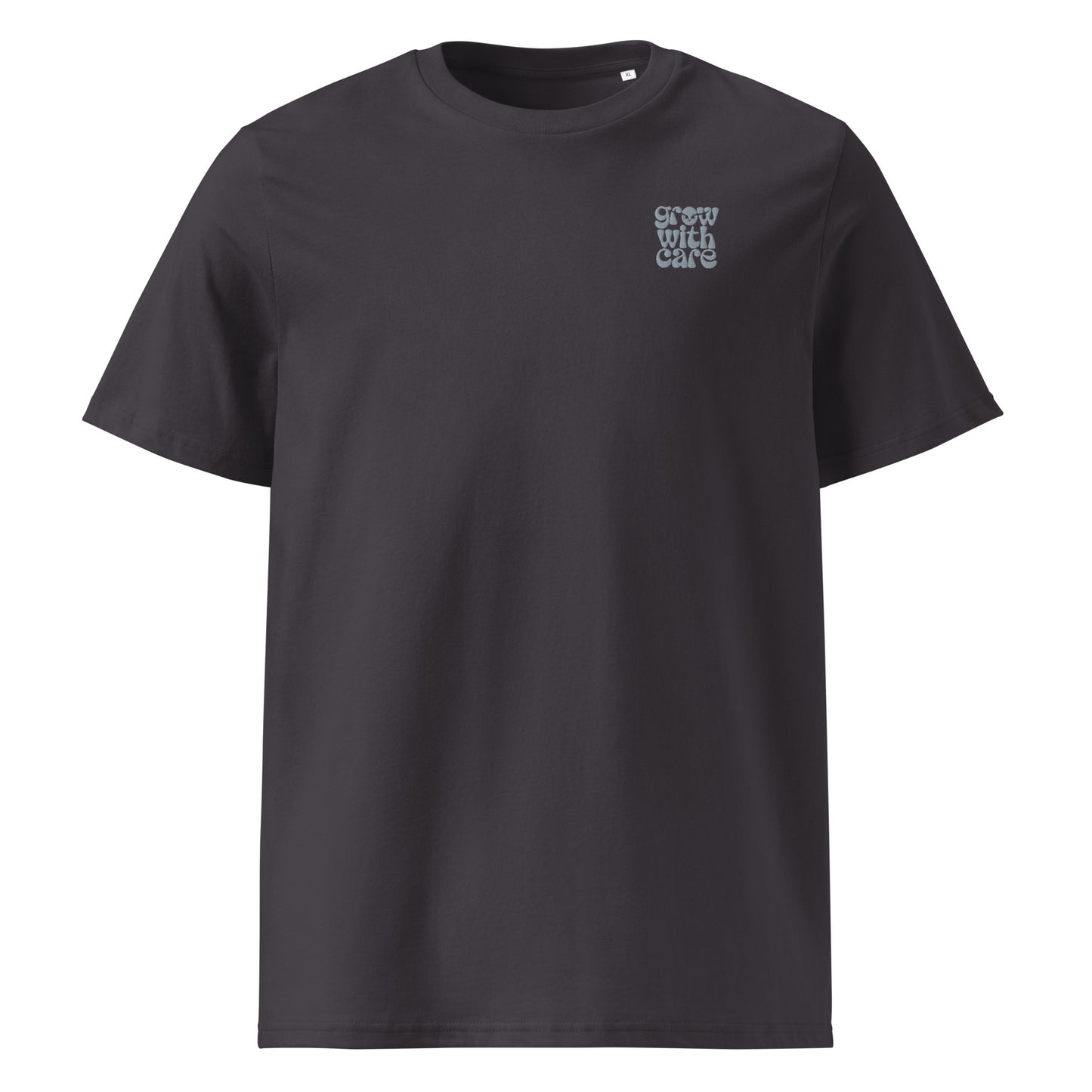 Eco-Friendly Owl Clothing Embroidered Unisex Organic Ribbed Neck T-Shirt "Grow With Care" Anthracite Dudeily