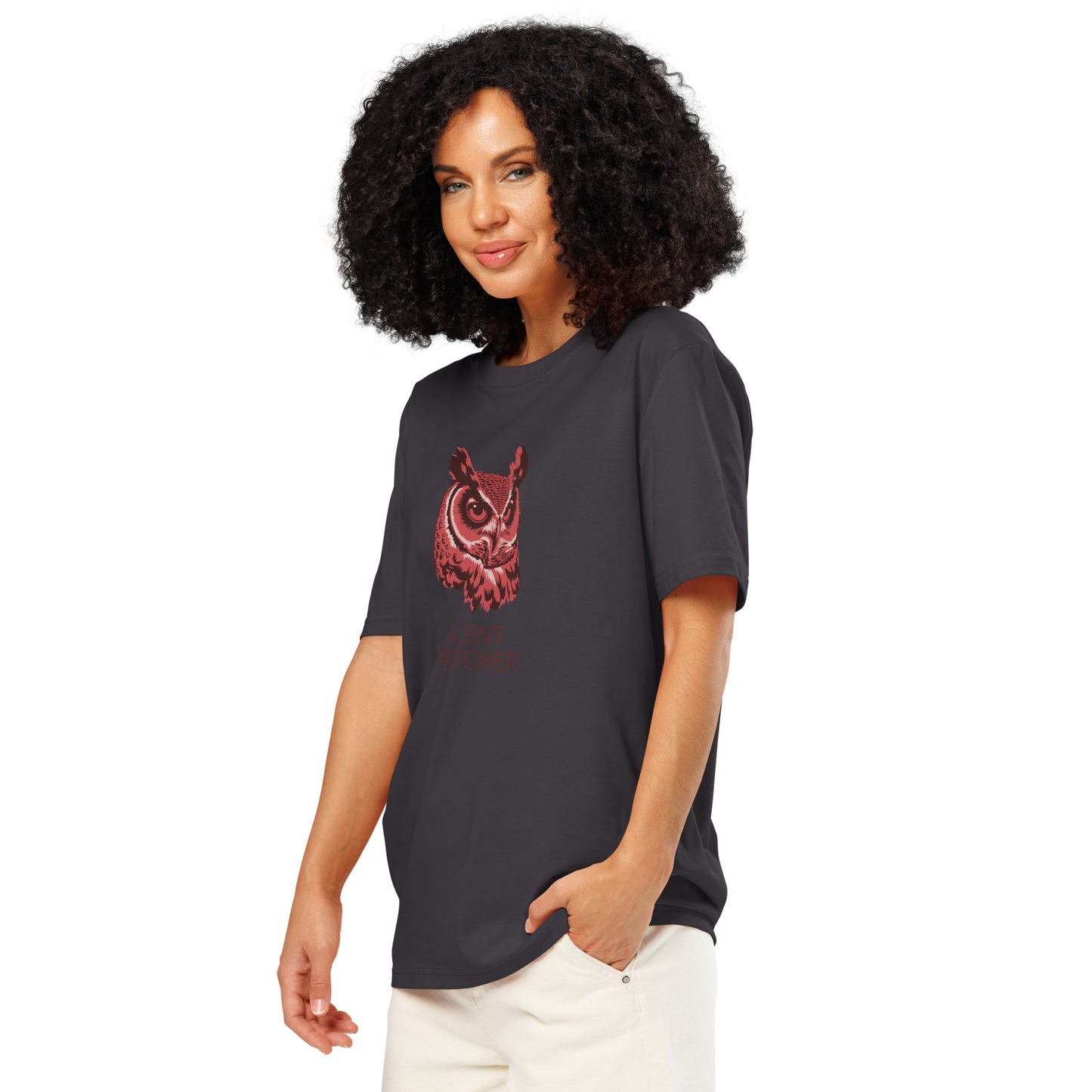 Unisex Organic Ribbed Neck T-Shirt: 'Silent Watcher' | Eco-Friendly Owl Apparel USA Anthracite Dudeily
