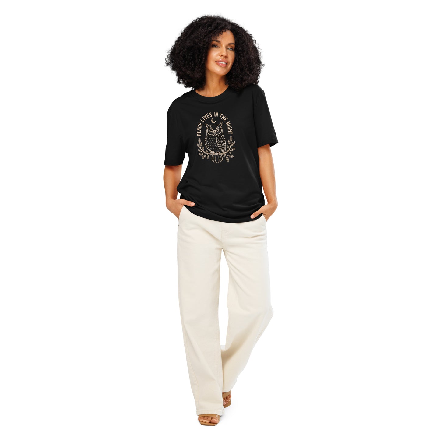 Unisex Organic Ribbed Neck T-Shirt: 'Peace in the Night' | Sustainable Owl Fashion USA Black Dudeily