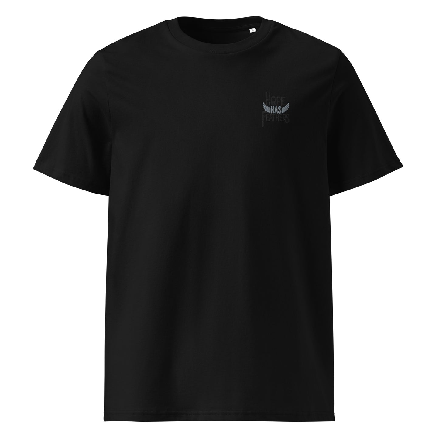 Eco-Friendly Owl Clothing Embroidered Unisex Organic Ribbed Neck T-Shirt "Hope Has Feathers" Black Dudeily