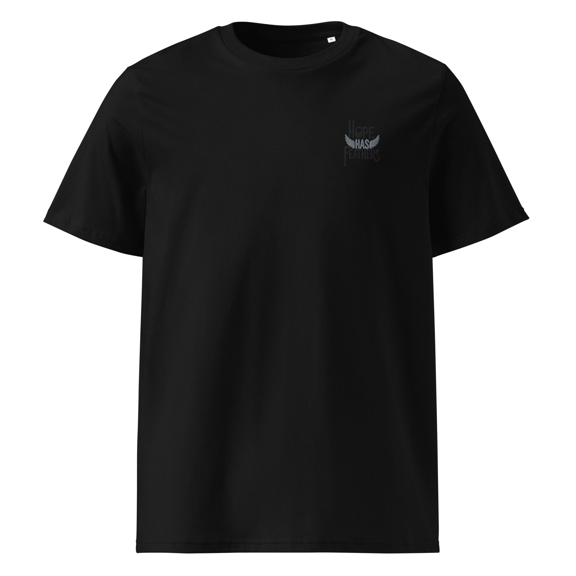 Eco-Friendly Owl Clothing Embroidered Unisex Organic Ribbed Neck T-Shirt "Hope Has Feathers" Black Dudeily
