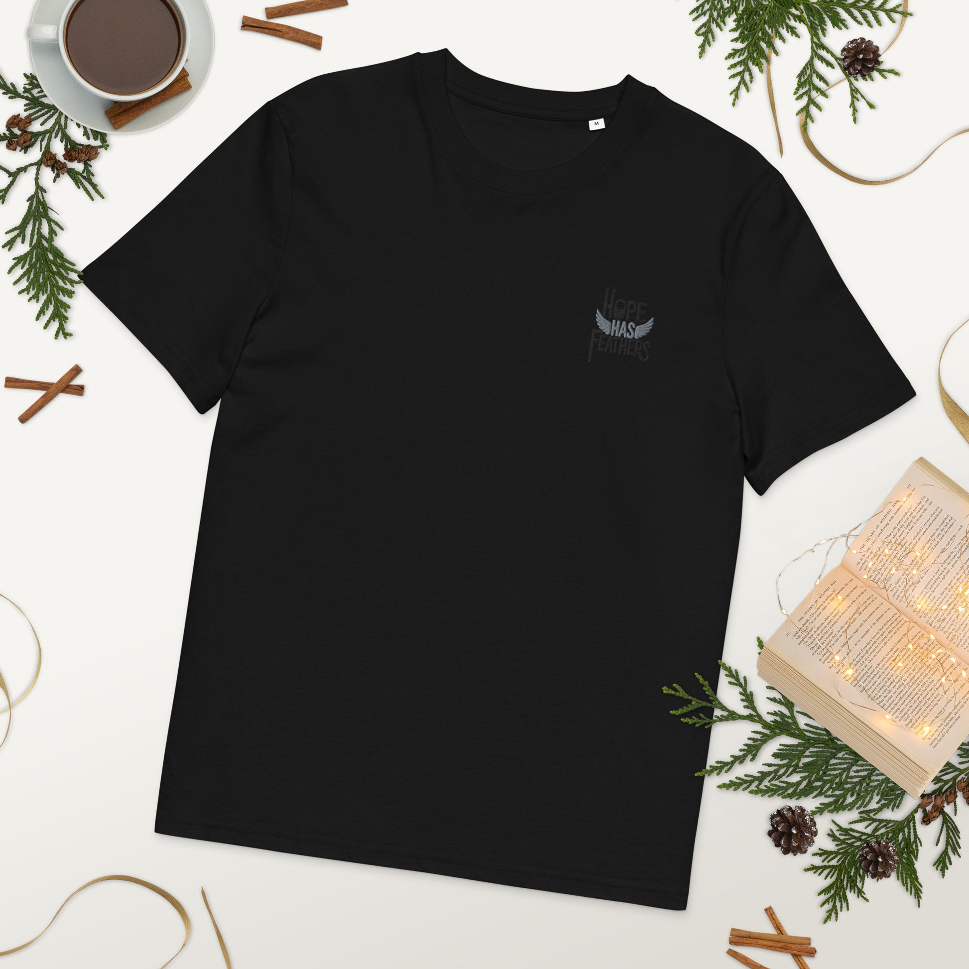 Eco-Friendly Owl Clothing Embroidered Unisex Organic Ribbed Neck T-Shirt "Hope Has Feathers" Dudeily