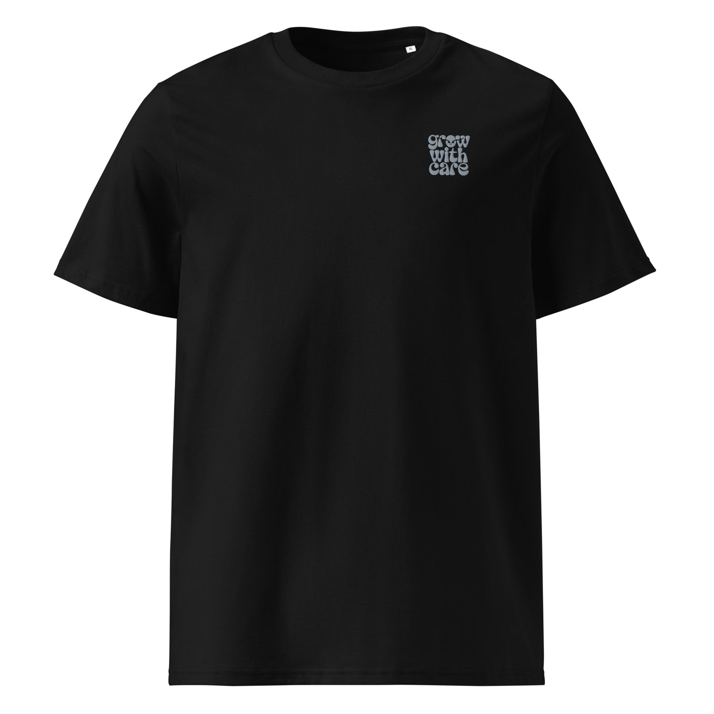 Eco-Friendly Owl Clothing Embroidered Unisex Organic Ribbed Neck T-Shirt "Grow With Care" Black Dudeily