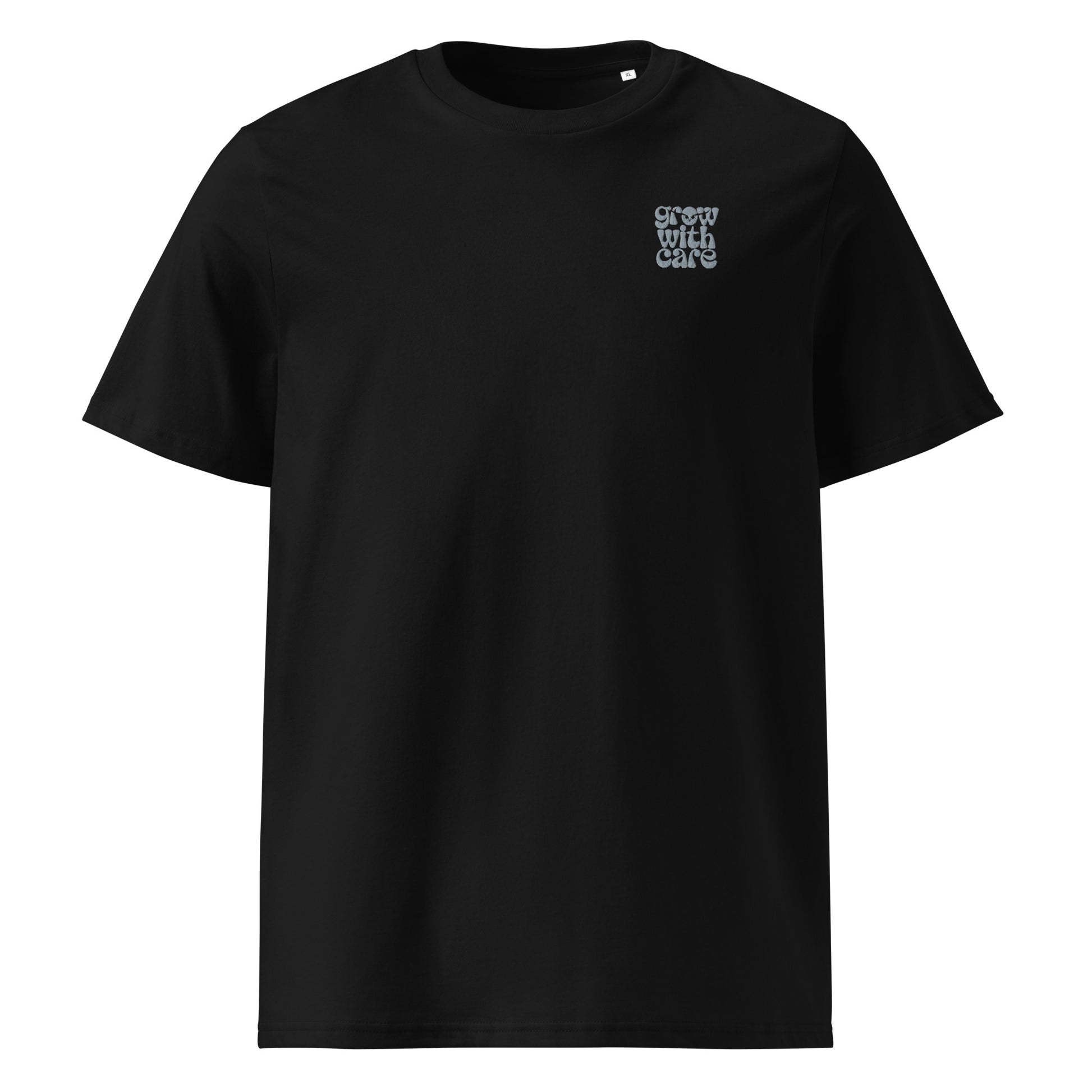 Eco-Friendly Owl Clothing Embroidered Unisex Organic Ribbed Neck T-Shirt "Grow With Care" Black Dudeily
