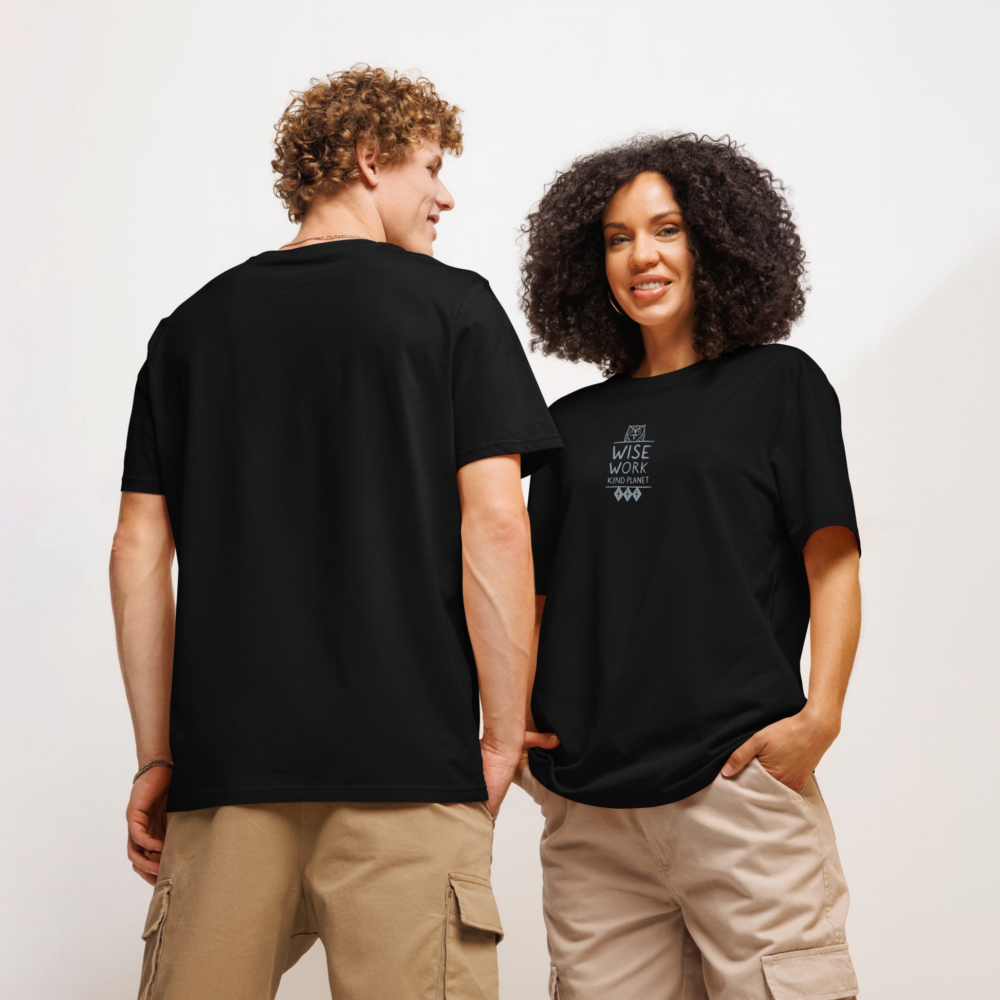Unisex Organic Ribbed Neck T-Shirt: Wise Work, Kind Planet | Owl Embroidered Sustainable Fashion USA by Dudeily Dudeily