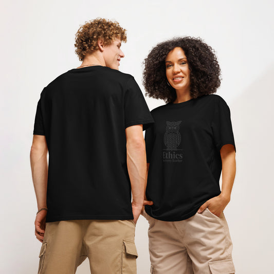 Unisex Organic Ribbed Neck T-Shirt: 'Ethics in Every Feather' | Sustainable Owl Fashion USA Dudeily