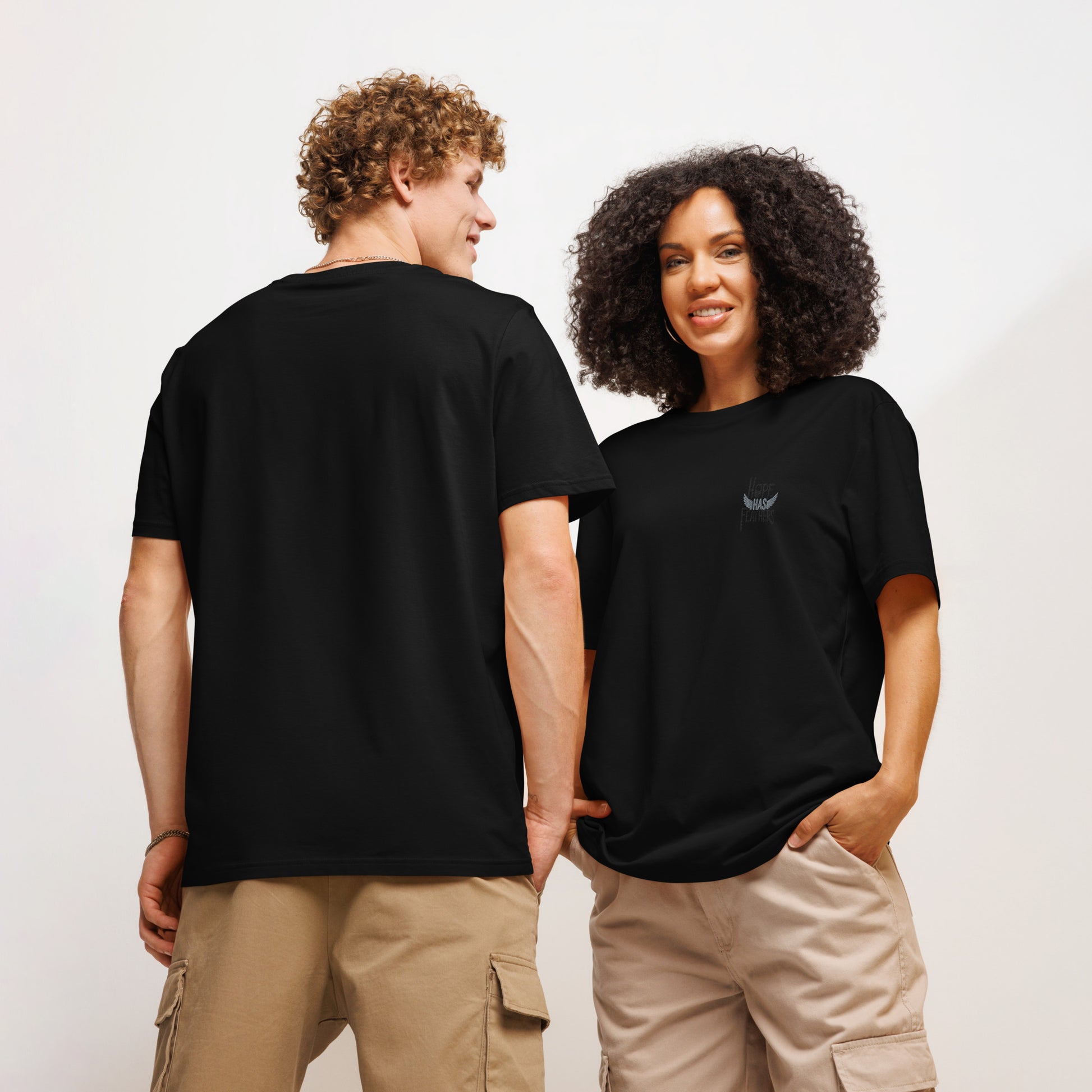 Eco-Friendly Owl Clothing Embroidered Unisex Organic Ribbed Neck T-Shirt "Hope Has Feathers" Dudeily