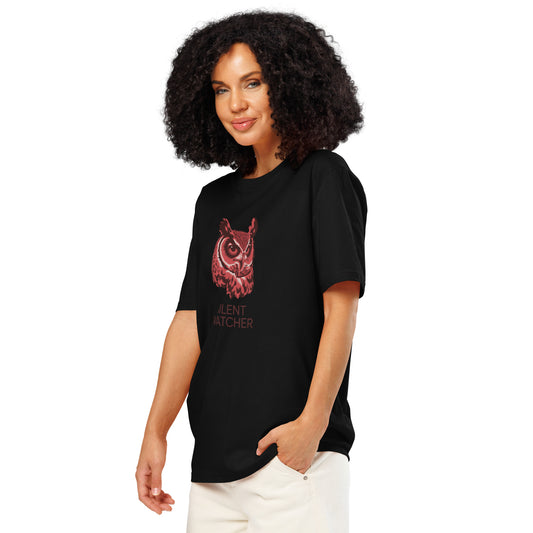 Unisex Organic Ribbed Neck T-Shirt: 'Silent Watcher' | Eco-Friendly Owl Apparel USA Black Dudeily