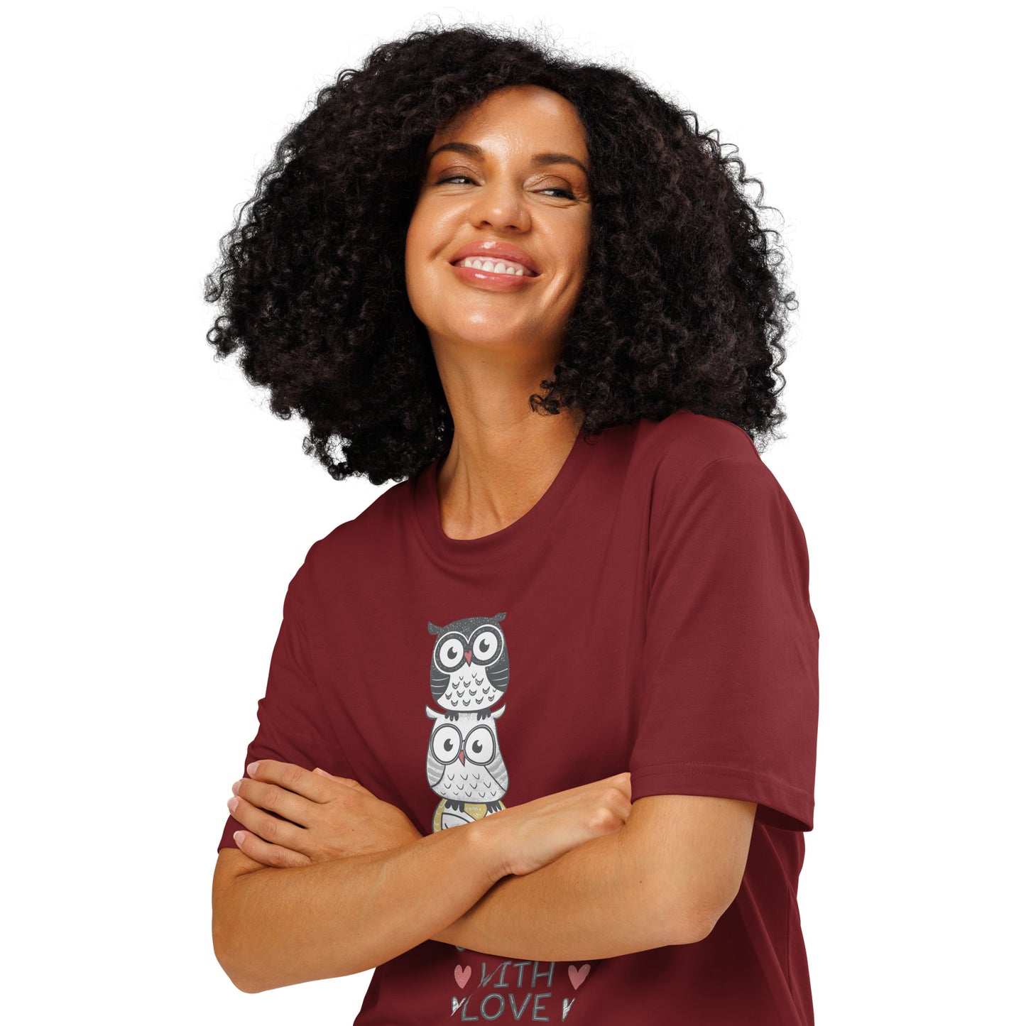 Unisex Organic Ribbed Neck T-Shirt: Stacked with Love | Owl-Themed Sustainable Fashion USA by Dudeily Dudeily