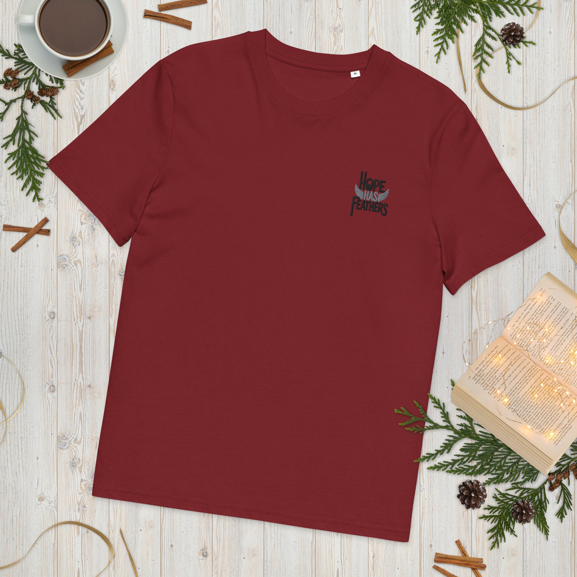 Eco-Friendly Owl Clothing Embroidered Unisex Organic Ribbed Neck T-Shirt "Hope Has Feathers" Dudeily