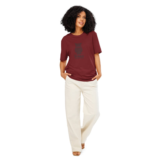 Unisex Organic Ribbed Neck T-Shirt: 'Ethics in Every Feather' | Sustainable Owl Fashion USA Burgundy Dudeily