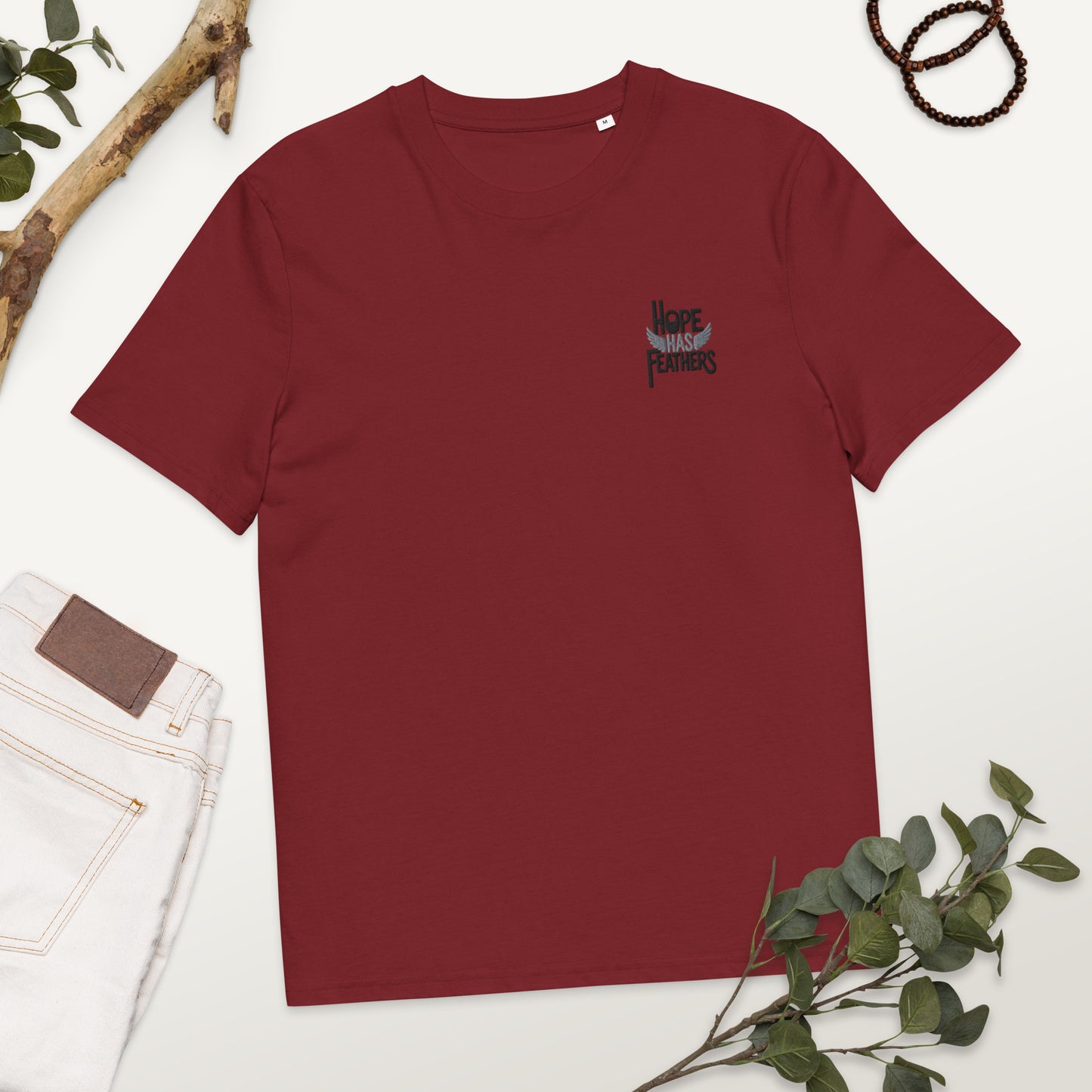 Eco-Friendly Owl Clothing Embroidered Unisex Organic Ribbed Neck T-Shirt "Hope Has Feathers" Dudeily