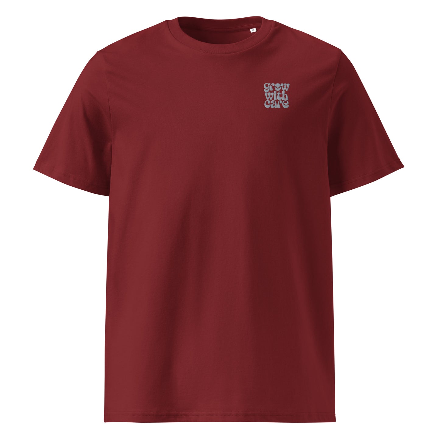 Eco-Friendly Owl Clothing Embroidered Unisex Organic Ribbed Neck T-Shirt "Grow With Care" Burgundy Dudeily