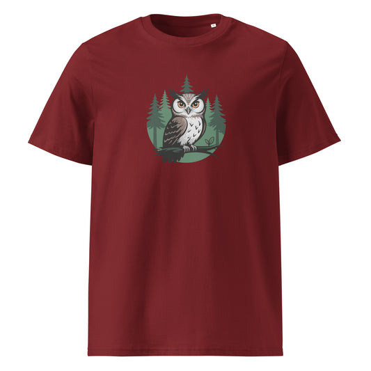 Unisex Organic Ribbed Neck T-Shirt – Gentle Owl Print | Eco-Friendly Owl Clothing Burgundy Dudeily