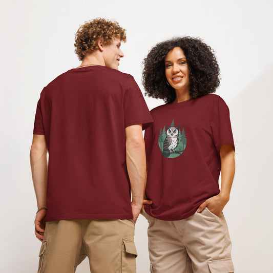 Unisex Organic Ribbed Neck T-Shirt – Gentle Owl Print | Eco-Friendly Owl Clothing Dudeily