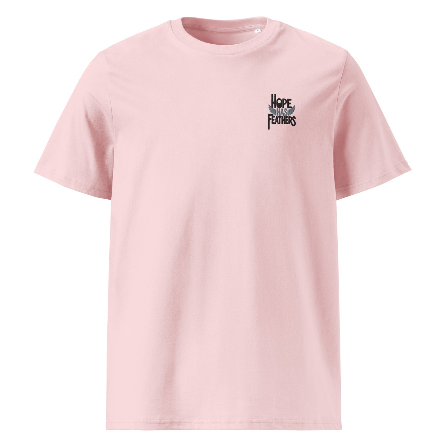 Eco-Friendly Owl Clothing Embroidered Unisex Organic Ribbed Neck T-Shirt "Hope Has Feathers" Cotton Pink Dudeily