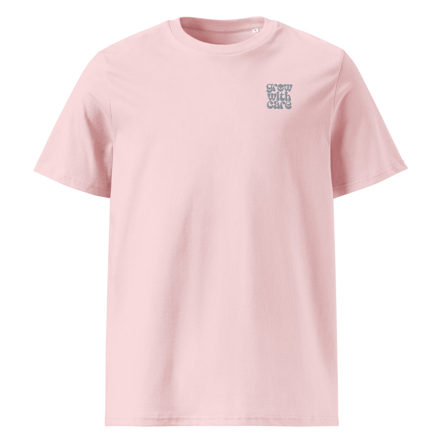 Eco-Friendly Owl Clothing Embroidered Unisex Organic Ribbed Neck T-Shirt "Grow With Care" Cotton Pink Dudeily