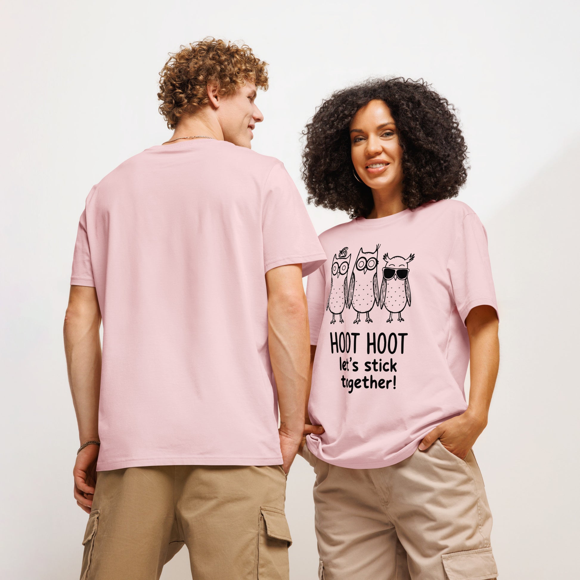 Unisex Organic Ribbed Neck T-Shirt: Hoot Hoot Let’s Stick Together! | Owl-Themed Sustainable Fashion USA Dudeily