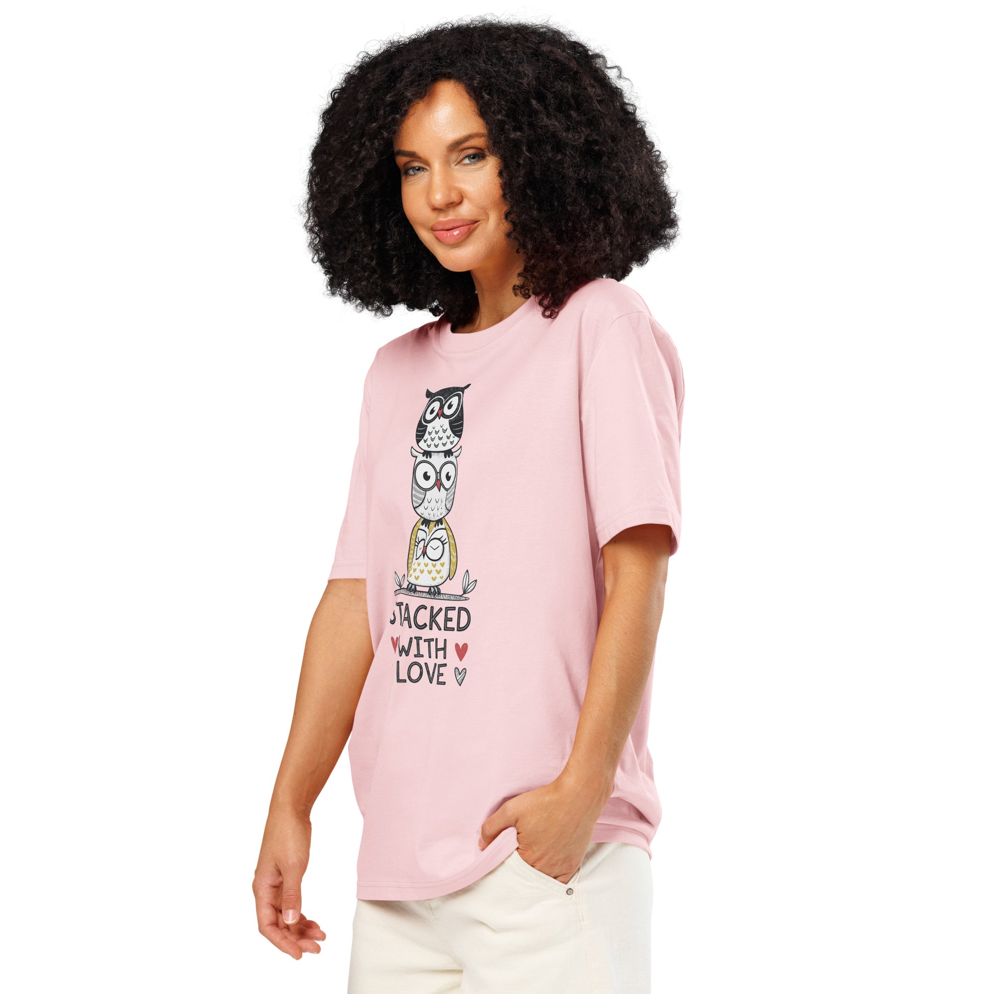 Unisex Organic Ribbed Neck T-Shirt: Stacked with Love | Owl-Themed Sustainable Fashion USA by Dudeily Dudeily