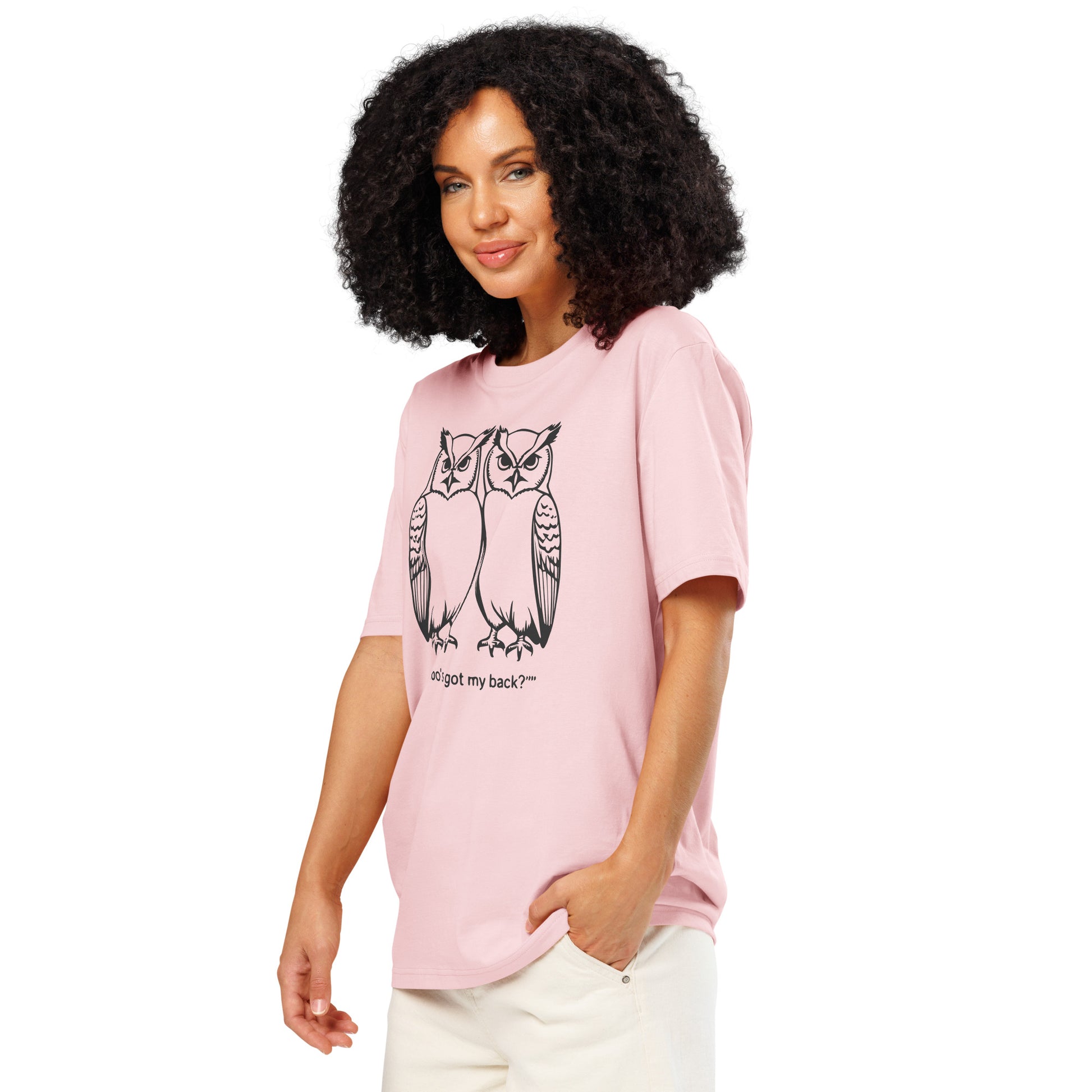 Unisex Organic Ribbed Neck T-Shirt: Hoo’s Got My Back? | Owl-Themed Sustainable Fashion USA by Dudeily Dudeily