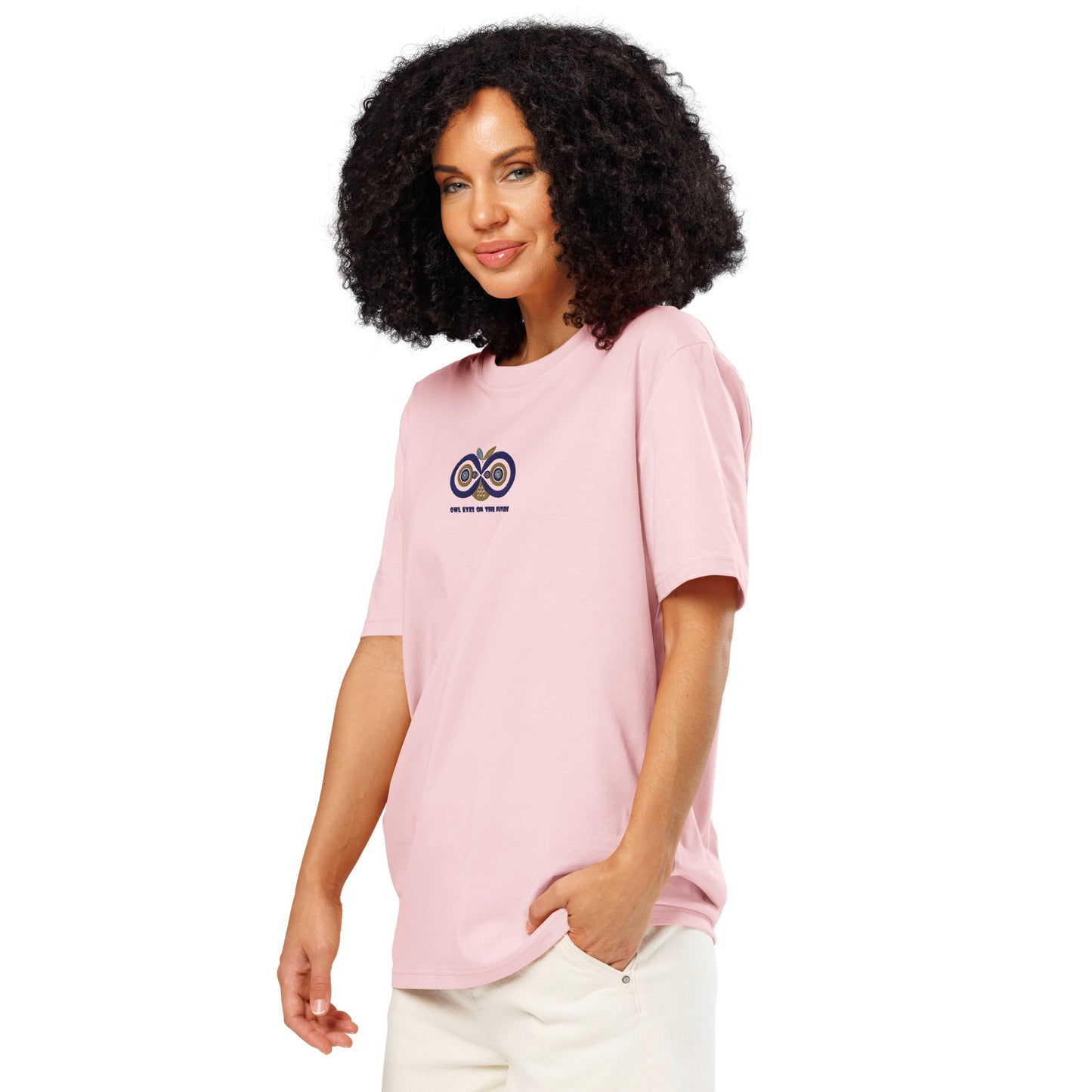 Embroidered Unisex Organic Ribbed Neck T-Shirt – Owl Eyes on the Future | Owl-Themed Sustainable Fashion USA Dudeily