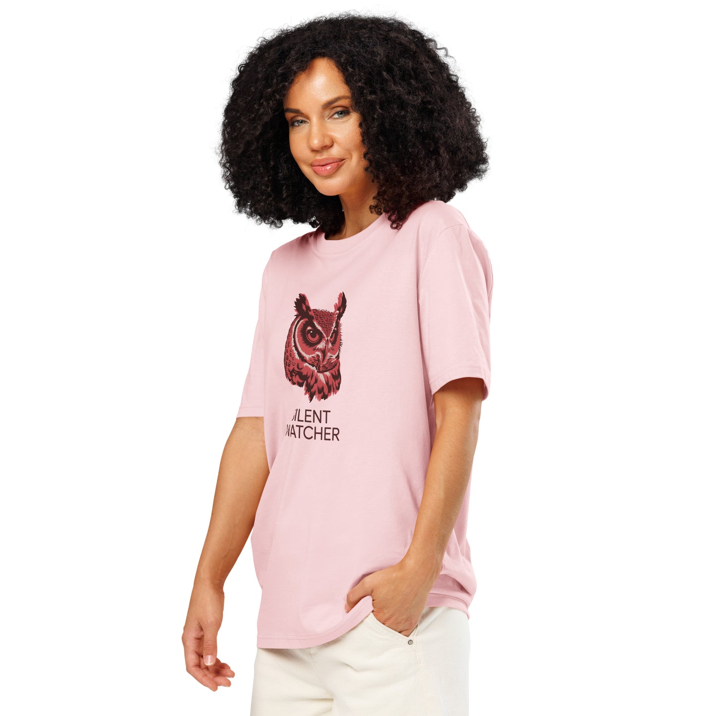 Unisex Organic Ribbed Neck T-Shirt: 'Silent Watcher' | Eco-Friendly Owl Apparel USA Cotton Pink Dudeily