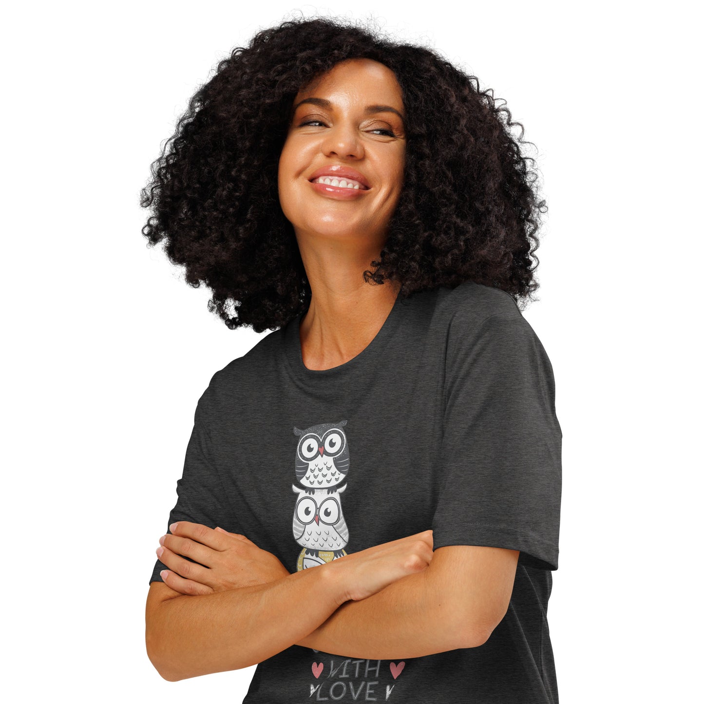 Unisex Organic Ribbed Neck T-Shirt: Stacked with Love | Owl-Themed Sustainable Fashion USA by Dudeily Dudeily