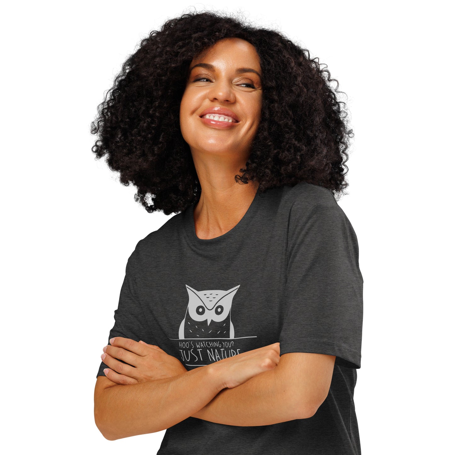 Ribbed Neck T-Shirt: 'Hoo’s Watching You? Just Nature' | Eco-Friendly Owl Apparel USA Dark Heather Grey Dudeily