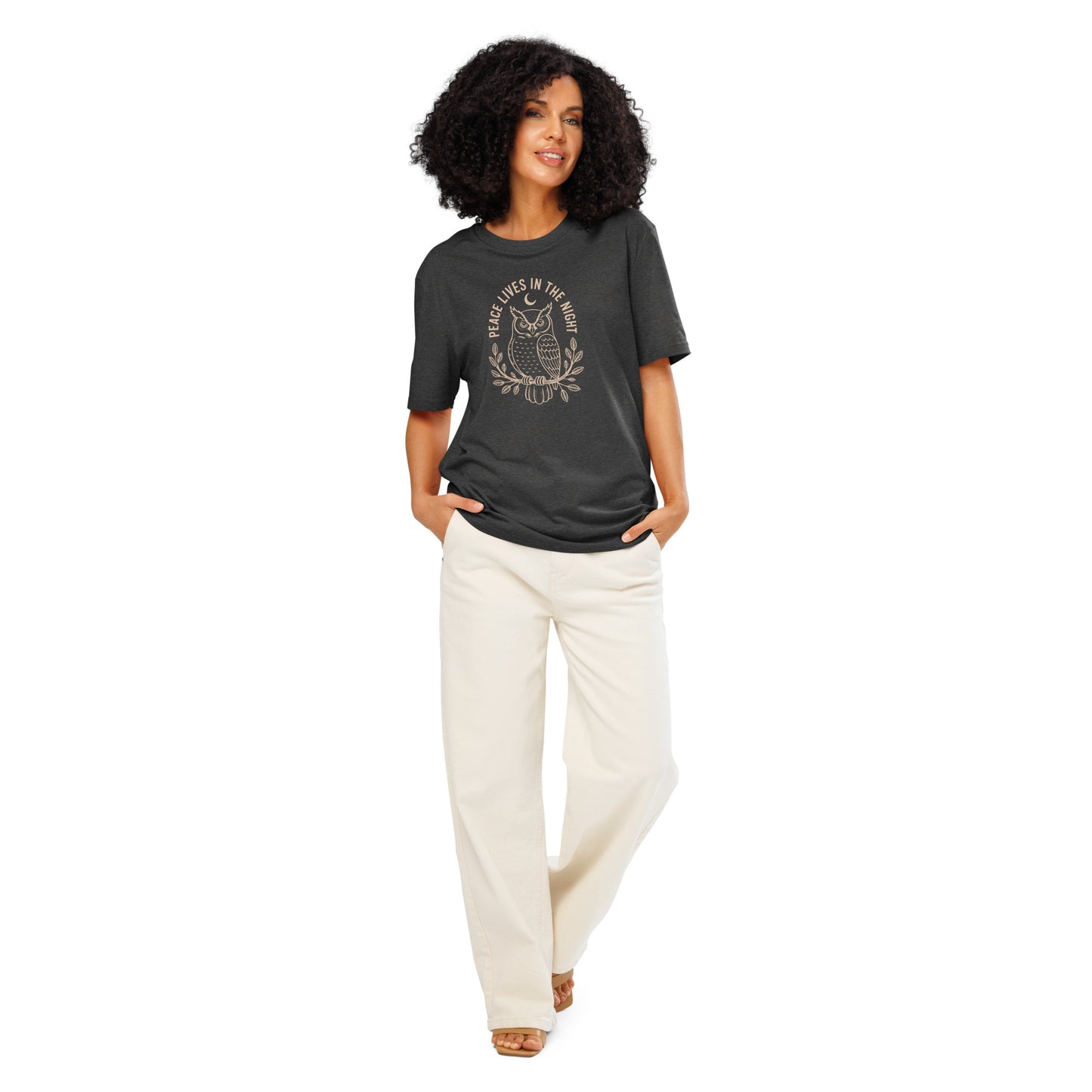 Unisex Organic Ribbed Neck T-Shirt: 'Peace in the Night' | Sustainable Owl Fashion USA Dark Heather Grey Dudeily
