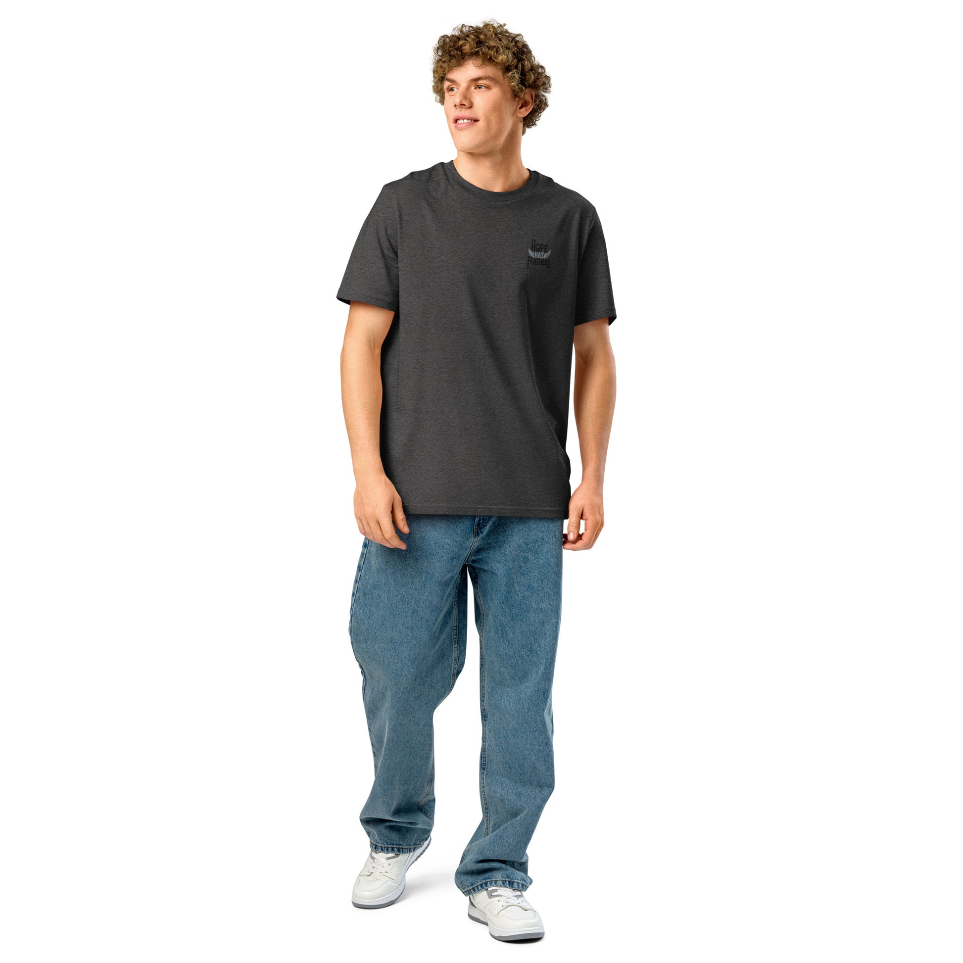 Eco-Friendly Owl Clothing Embroidered Unisex Organic Ribbed Neck T-Shirt "Hope Has Feathers" Dudeily