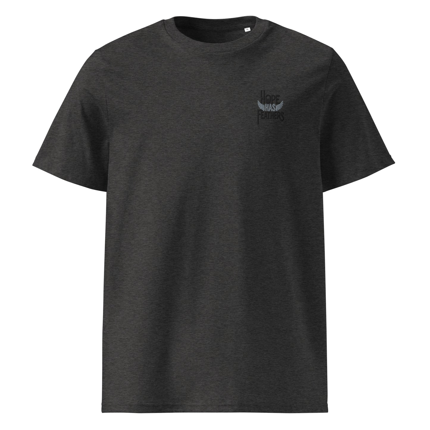 Eco-Friendly Owl Clothing Embroidered Unisex Organic Ribbed Neck T-Shirt "Hope Has Feathers" Dark Heather Grey Dudeily