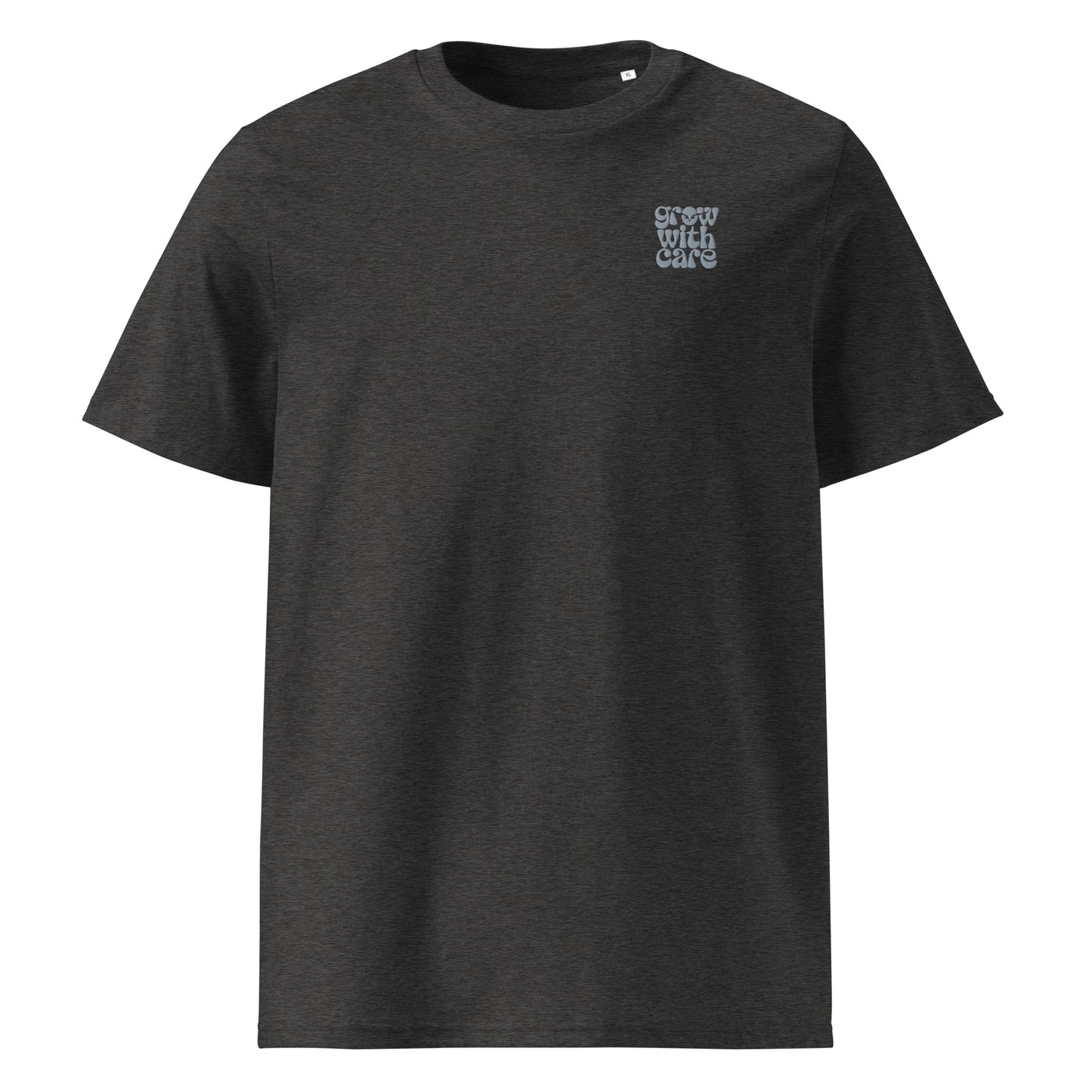 Eco-Friendly Owl Clothing Embroidered Unisex Organic Ribbed Neck T-Shirt "Grow With Care" Dark Heather Grey Dudeily