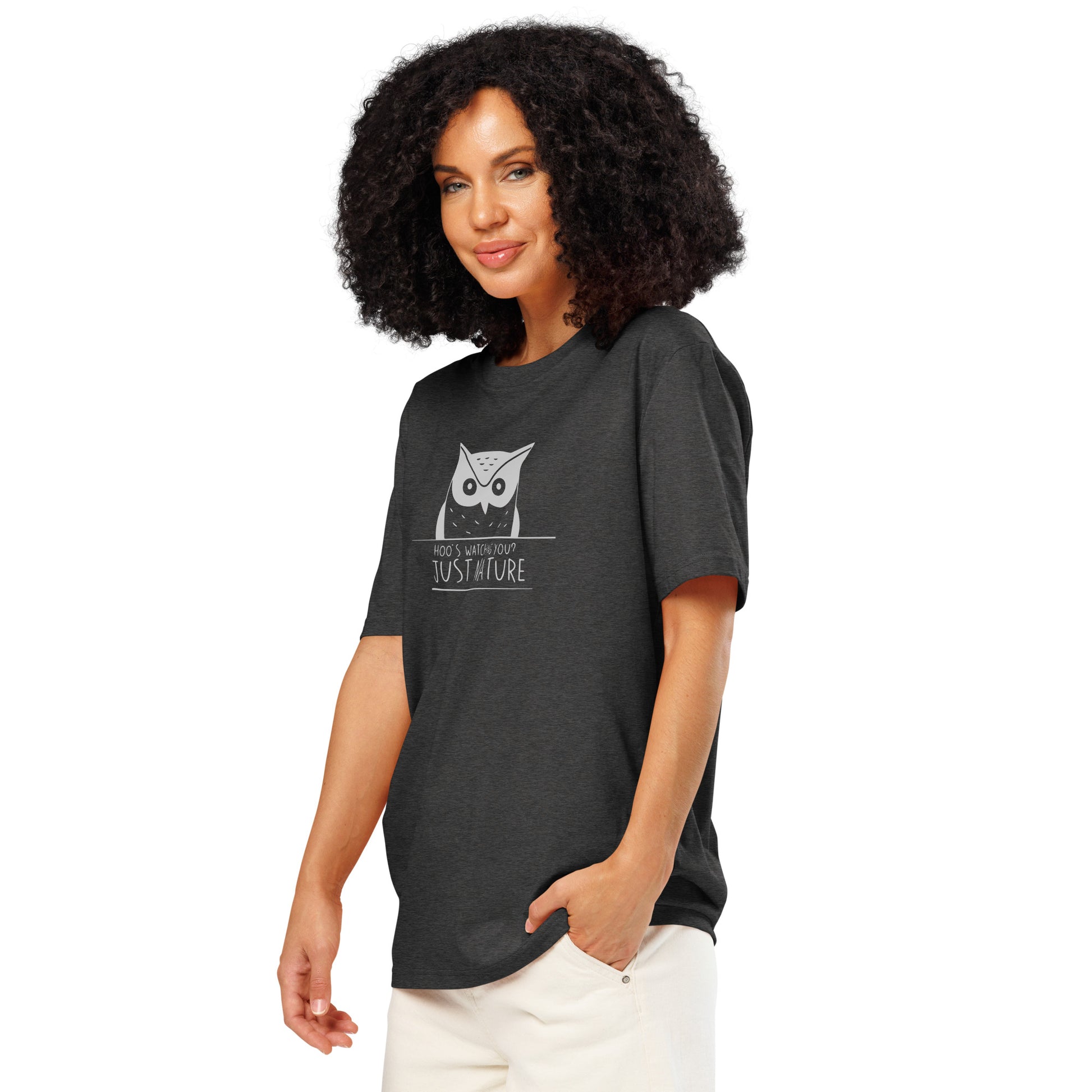 Ribbed Neck T-Shirt: 'Hoo’s Watching You? Just Nature' | Eco-Friendly Owl Apparel USA Dudeily