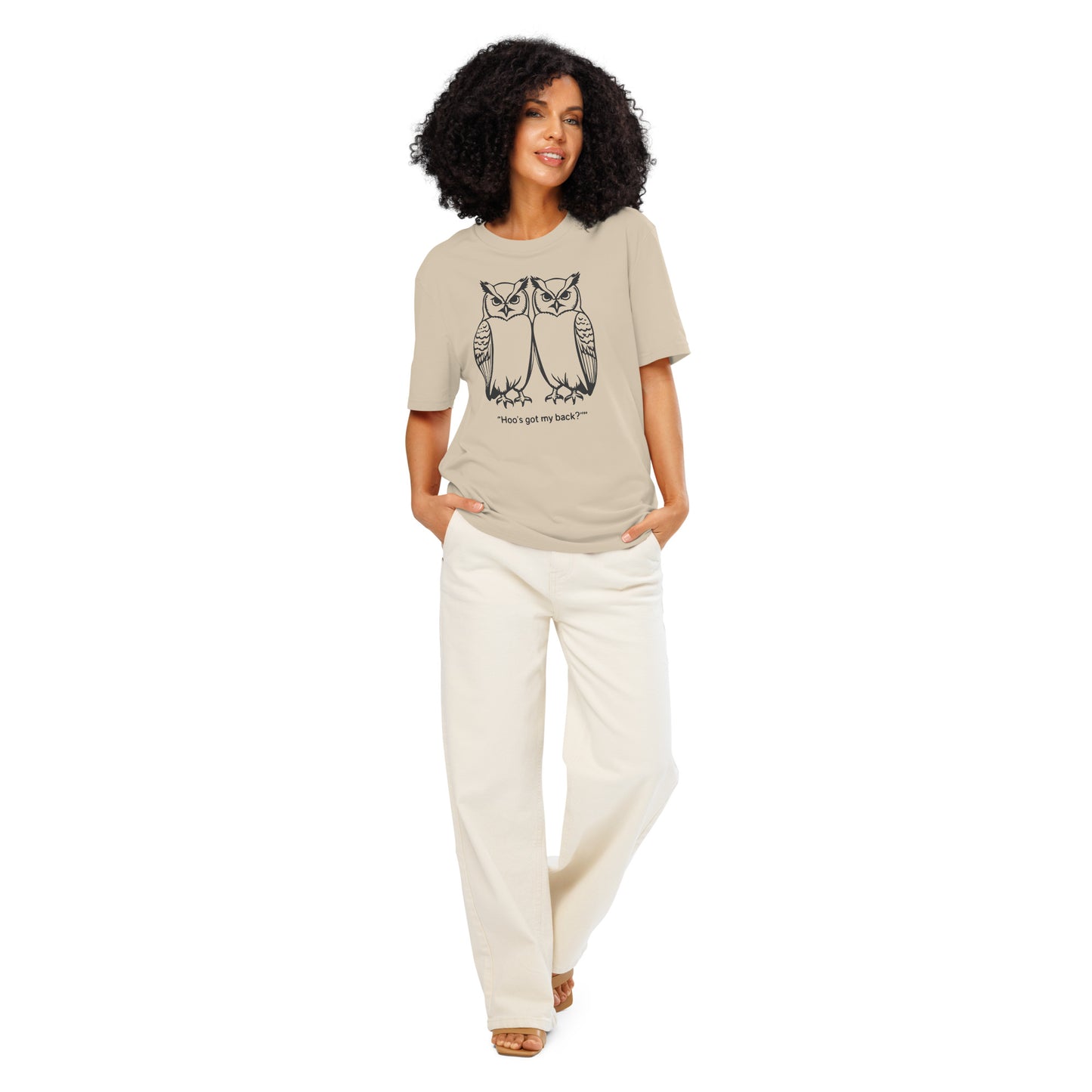 Unisex Organic Ribbed Neck T-Shirt: Hoo’s Got My Back? | Owl-Themed Sustainable Fashion USA by Dudeily Desert Dust Dudeily