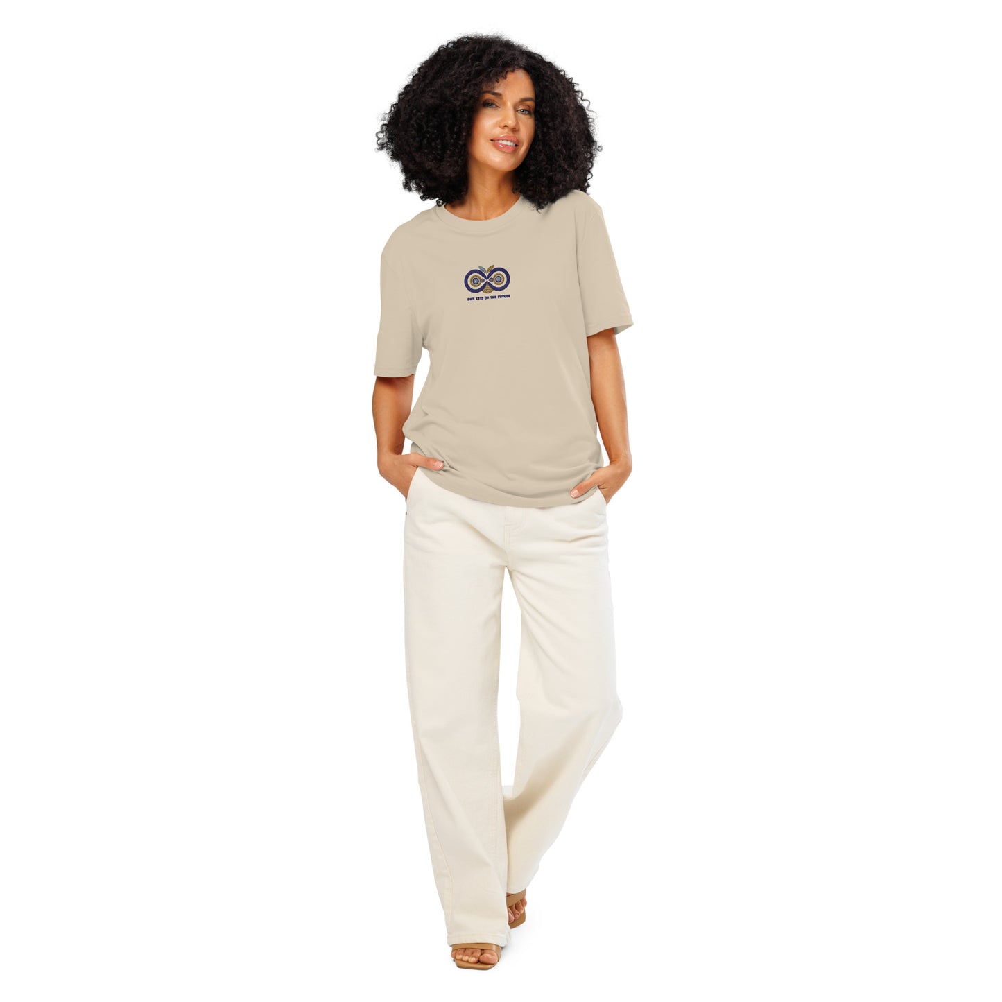 Embroidered Unisex Organic Ribbed Neck T-Shirt – Owl Eyes on the Future | Owl-Themed Sustainable Fashion USA Desert Dust Dudeily