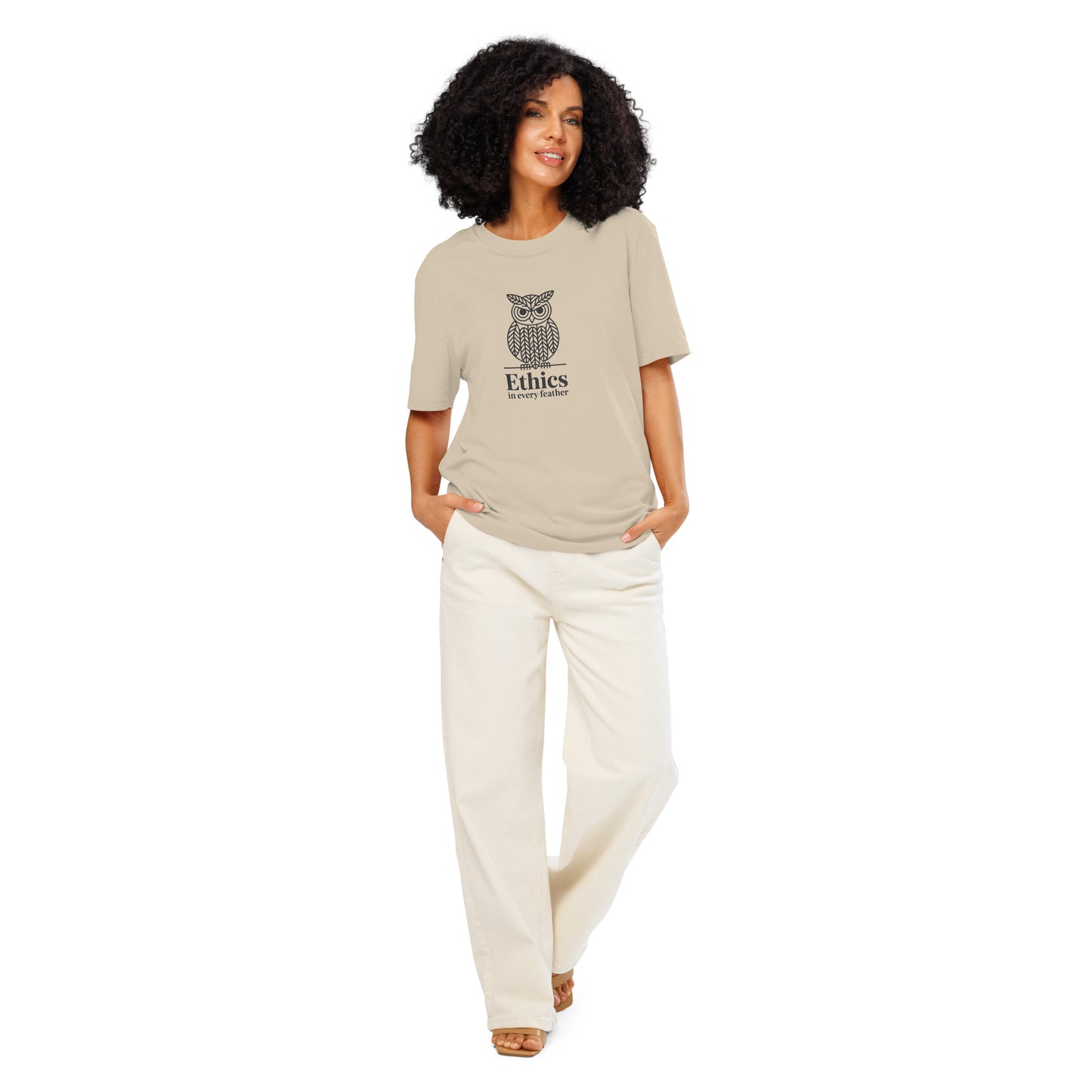 Unisex Organic Ribbed Neck T-Shirt: 'Ethics in Every Feather' | Sustainable Owl Fashion USA Desert Dust Dudeily