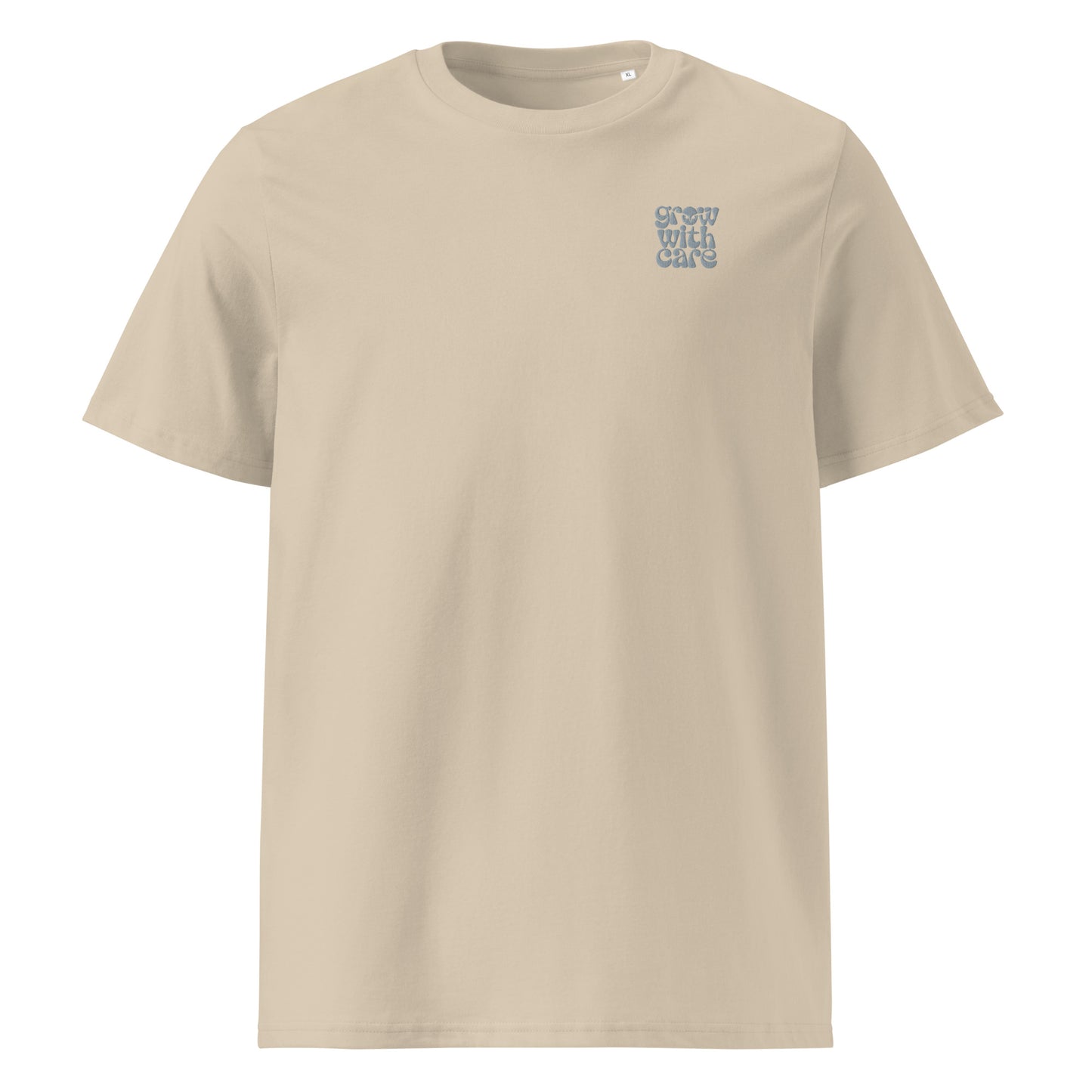 Eco-Friendly Owl Clothing Embroidered Unisex Organic Ribbed Neck T-Shirt "Grow With Care" Desert Dust Dudeily