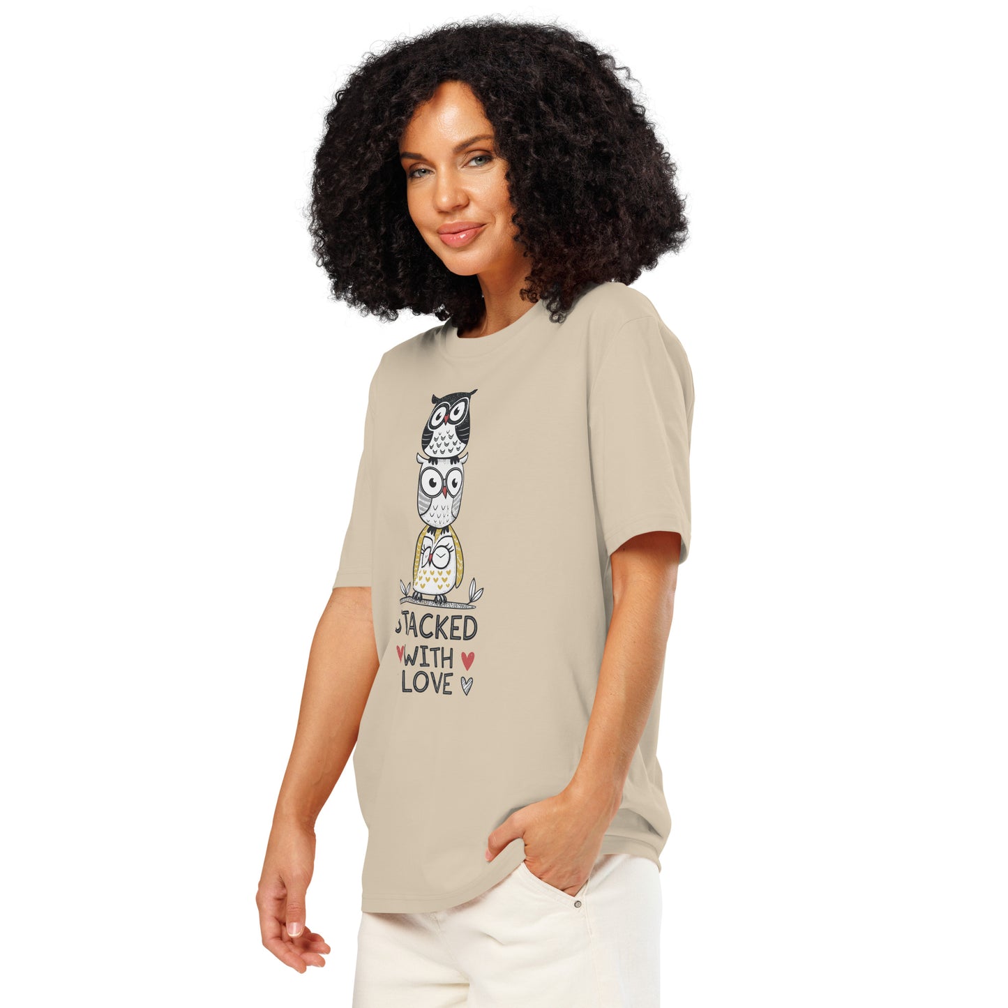 Unisex Organic Ribbed Neck T-Shirt: Stacked with Love | Owl-Themed Sustainable Fashion USA by Dudeily Dudeily