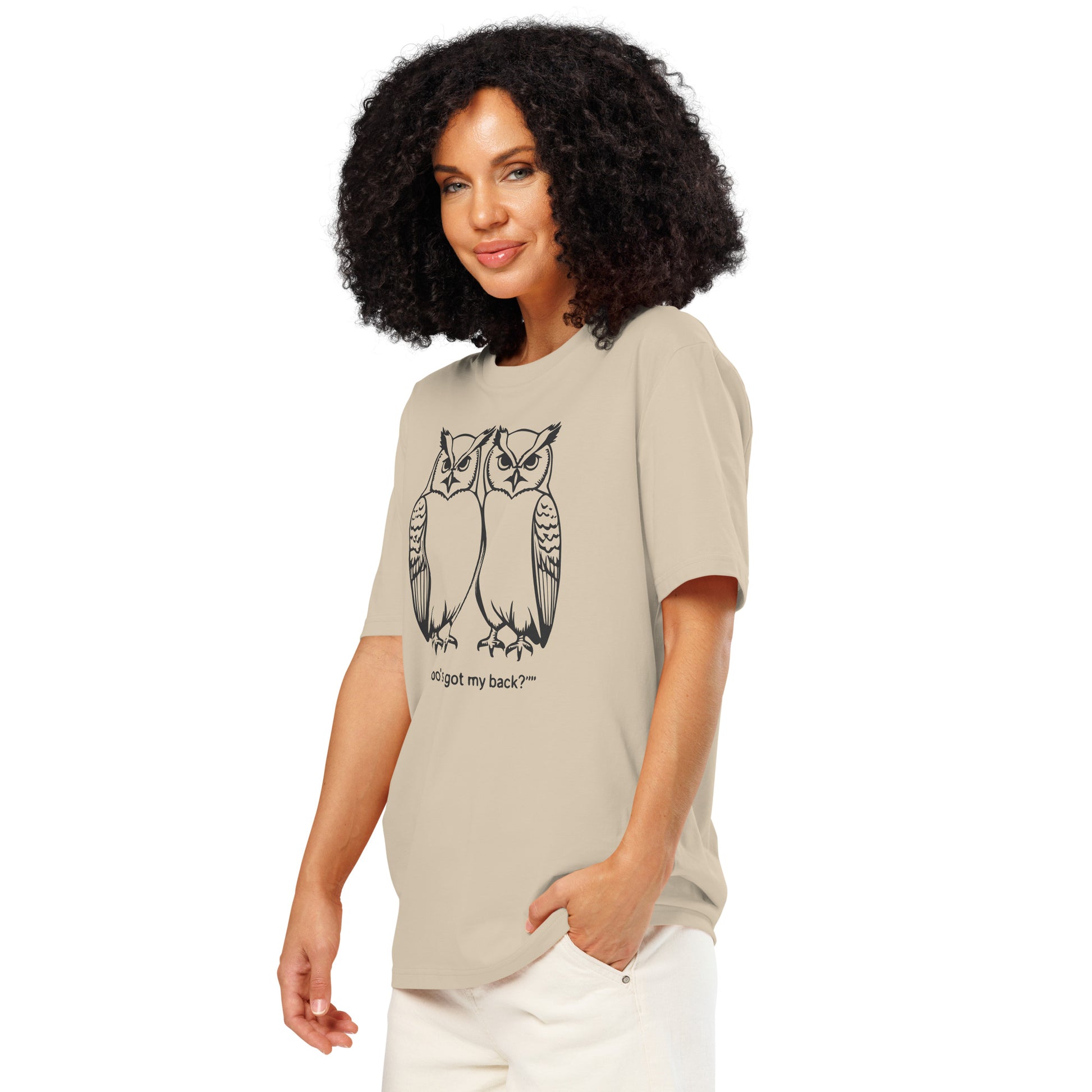 Unisex Organic Ribbed Neck T-Shirt: Hoo’s Got My Back? | Owl-Themed Sustainable Fashion USA by Dudeily Dudeily