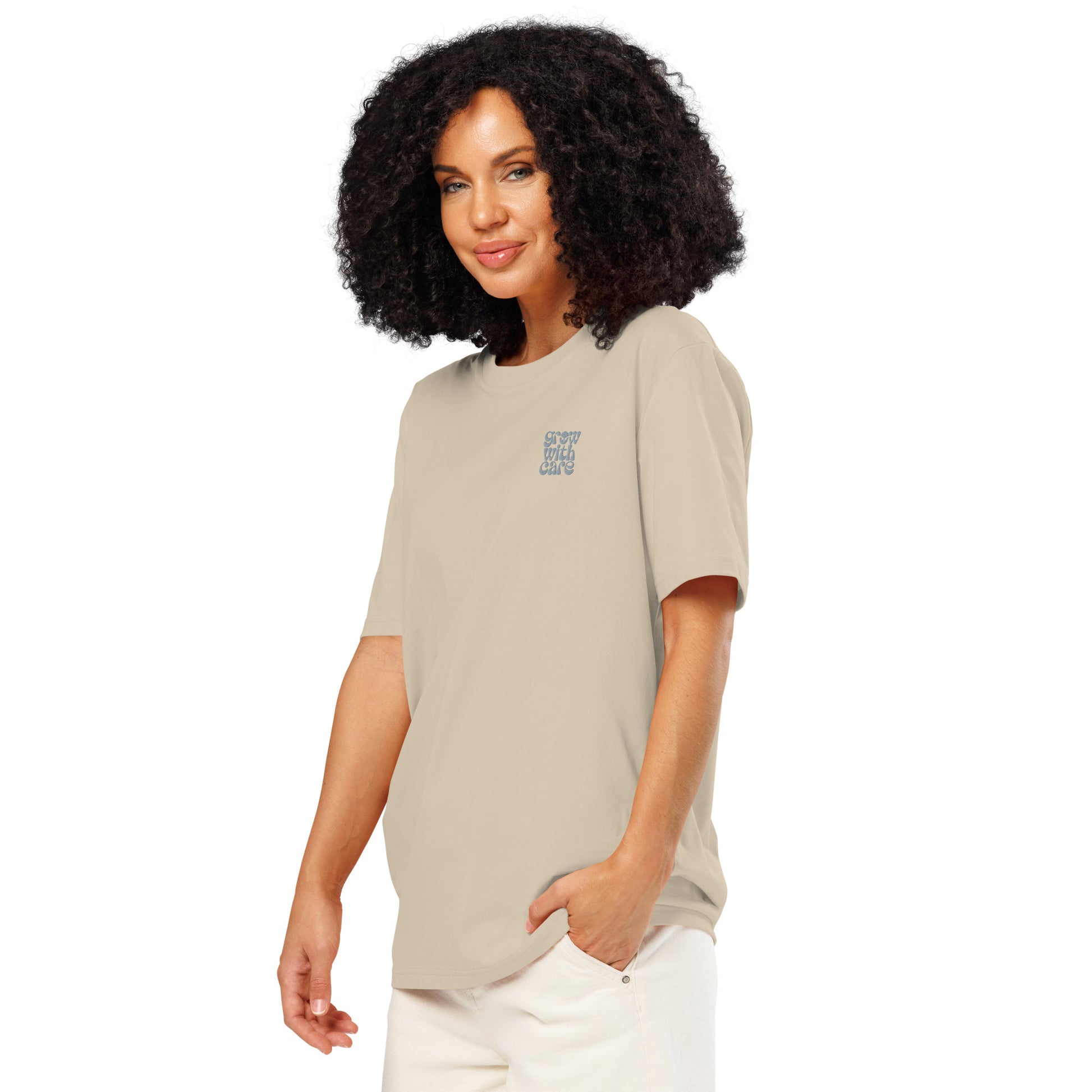 Eco-Friendly Owl Clothing Embroidered Unisex Organic Ribbed Neck T-Shirt "Grow With Care" Dudeily