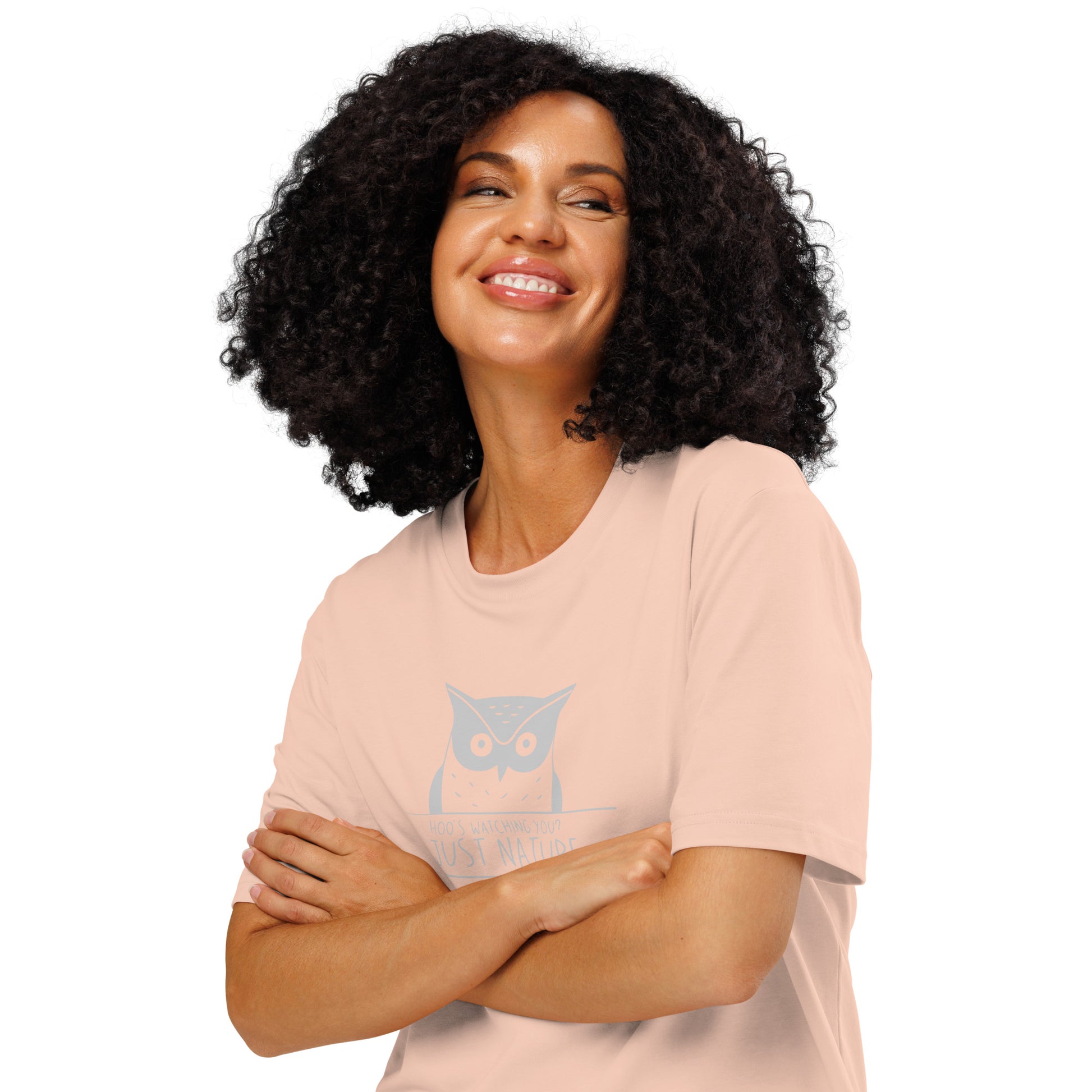 Ribbed Neck T-Shirt: 'Hoo’s Watching You? Just Nature' | Eco-Friendly Owl Apparel USA Fraiche Peche Dudeily
