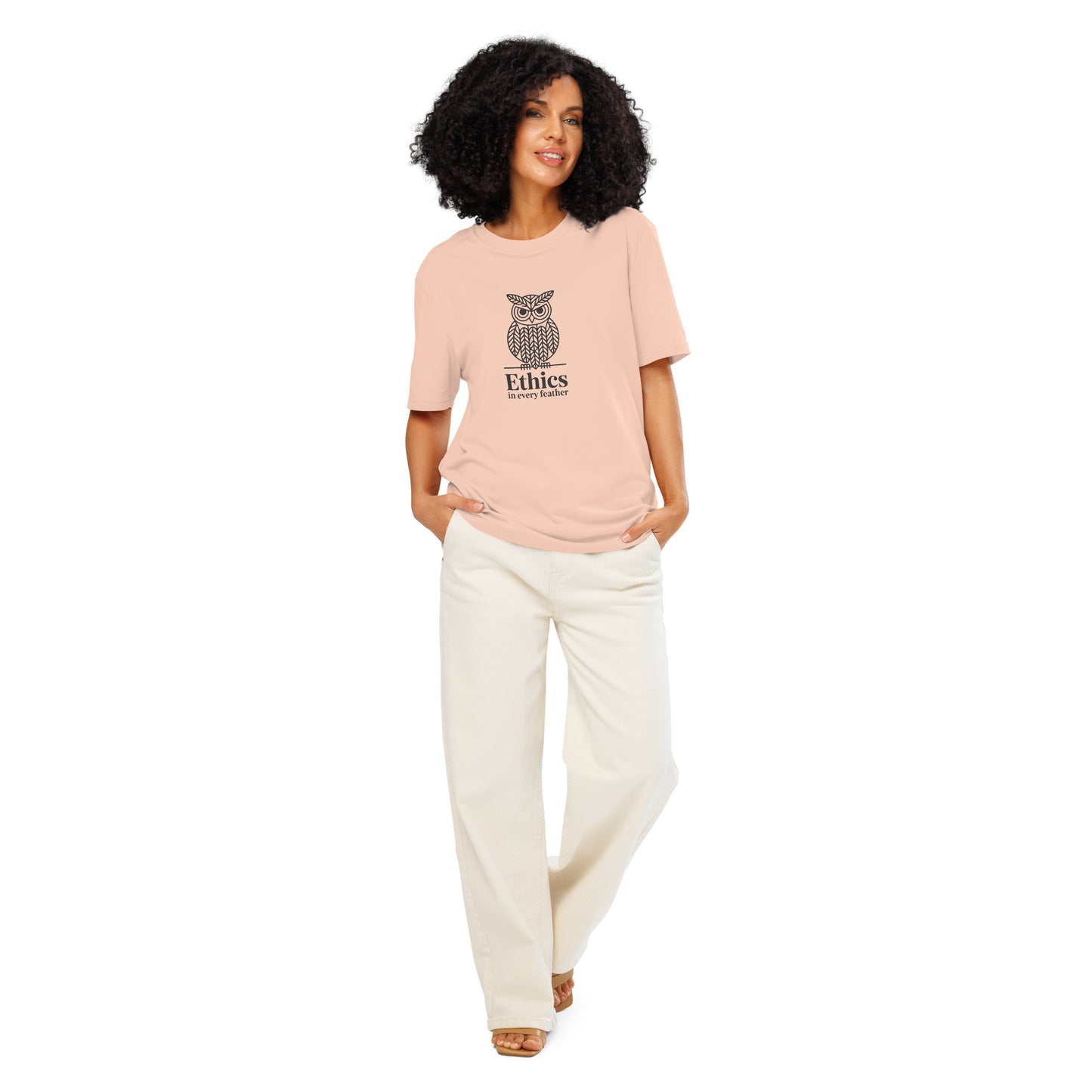 Unisex Organic Ribbed Neck T-Shirt: 'Ethics in Every Feather' | Sustainable Owl Fashion USA Fraiche Peche Dudeily