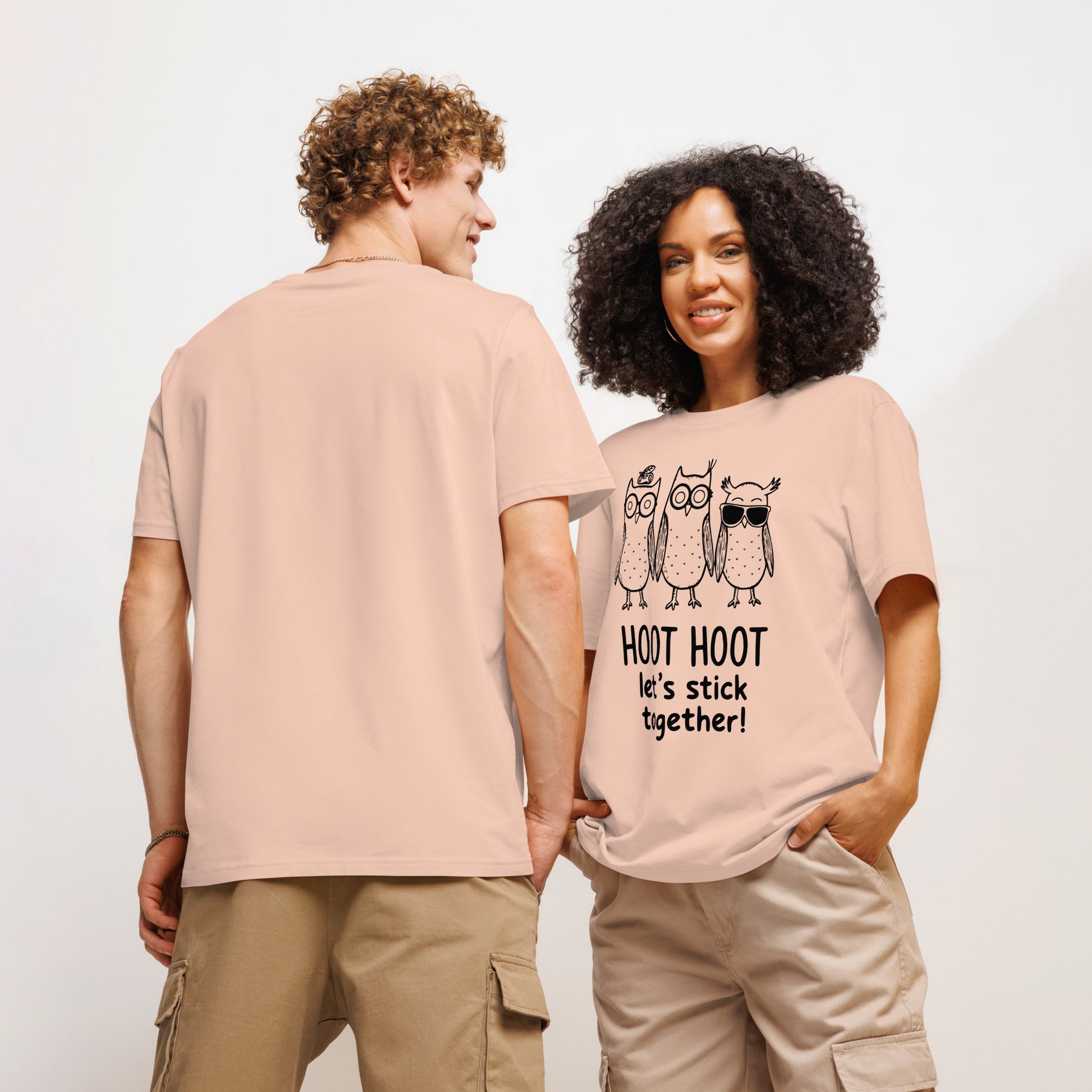 Unisex Organic Ribbed Neck T-Shirt: Hoot Hoot Let’s Stick Together! | Owl-Themed Sustainable Fashion USA Dudeily