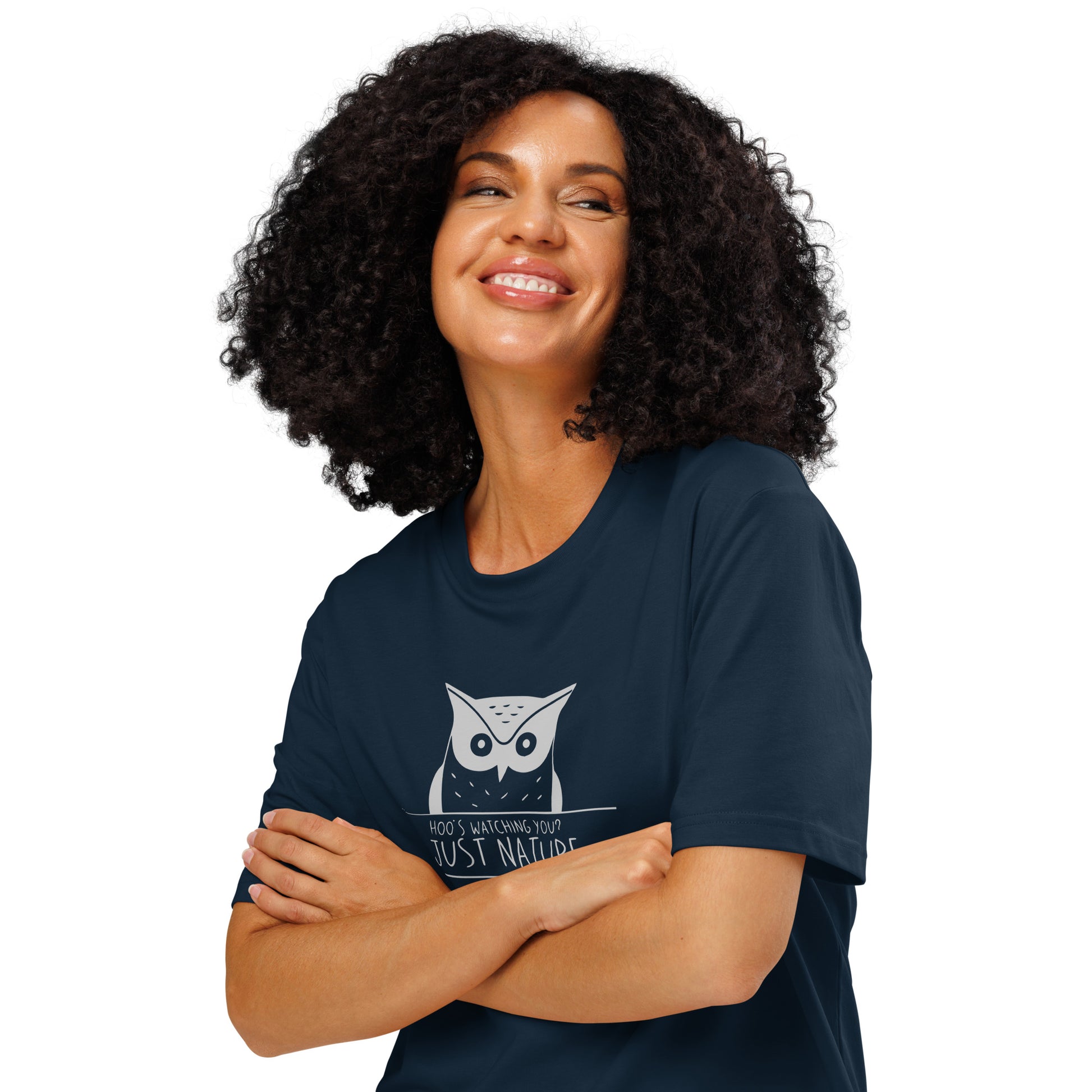 Ribbed Neck T-Shirt: 'Hoo’s Watching You? Just Nature' | Eco-Friendly Owl Apparel USA French Navy Dudeily