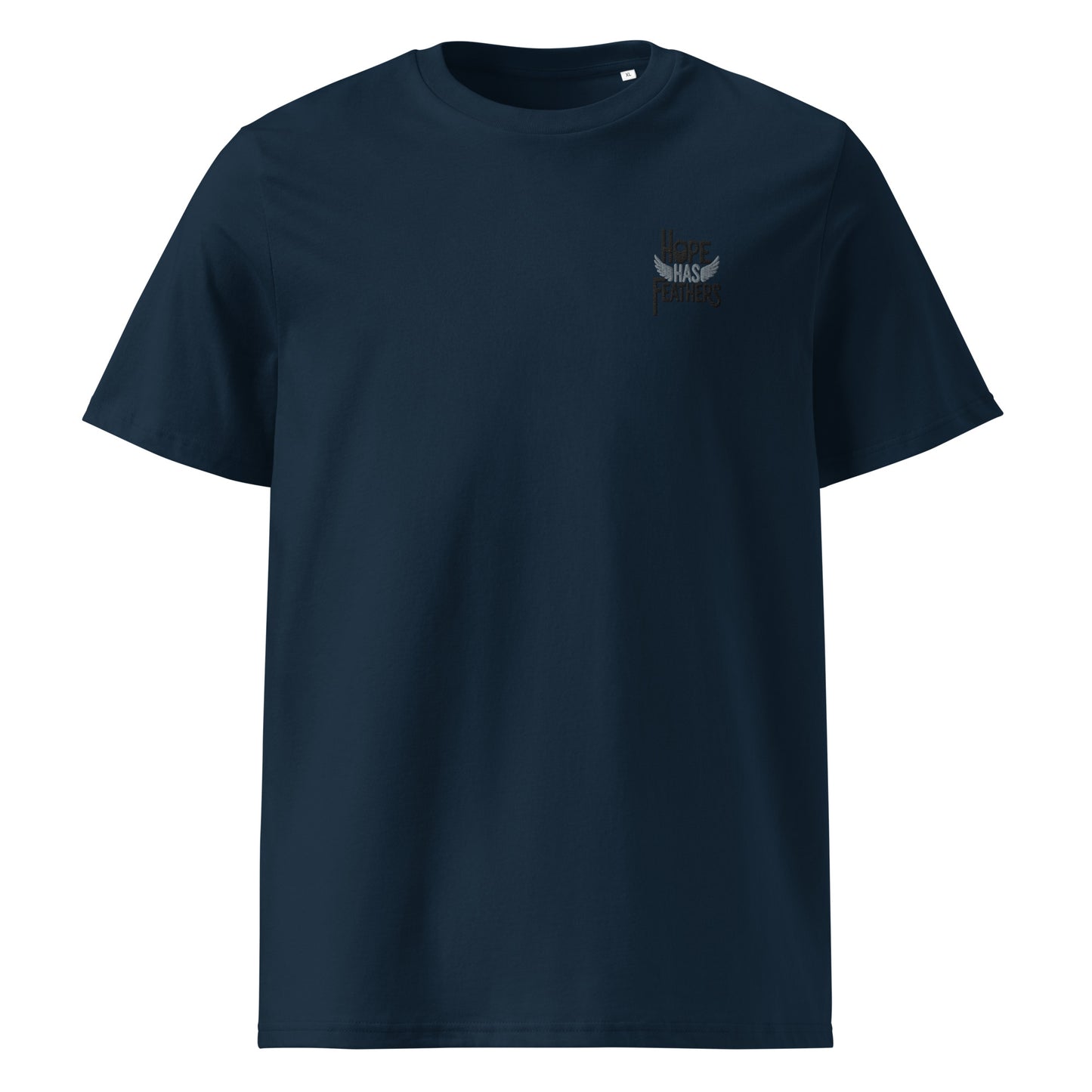 Eco-Friendly Owl Clothing Embroidered Unisex Organic Ribbed Neck T-Shirt "Hope Has Feathers" French Navy Dudeily